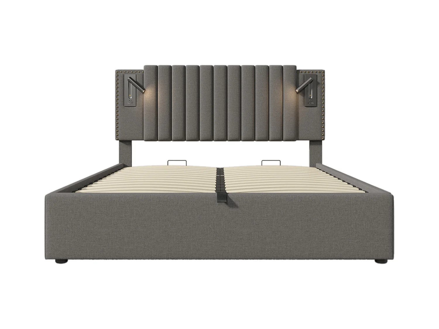 Cama baú casal 140x200 cm - Cabeceira com LED e USB - Algodão cinza (sem colchão)