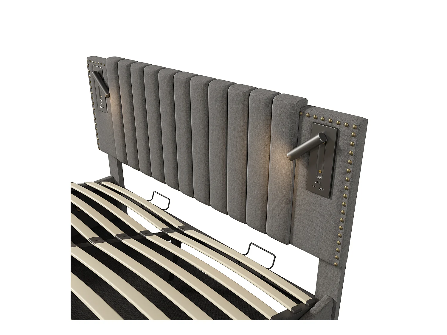 Cama baú casal 140x200 cm - Cabeceira com LED e USB - Algodão cinza (sem colchão)