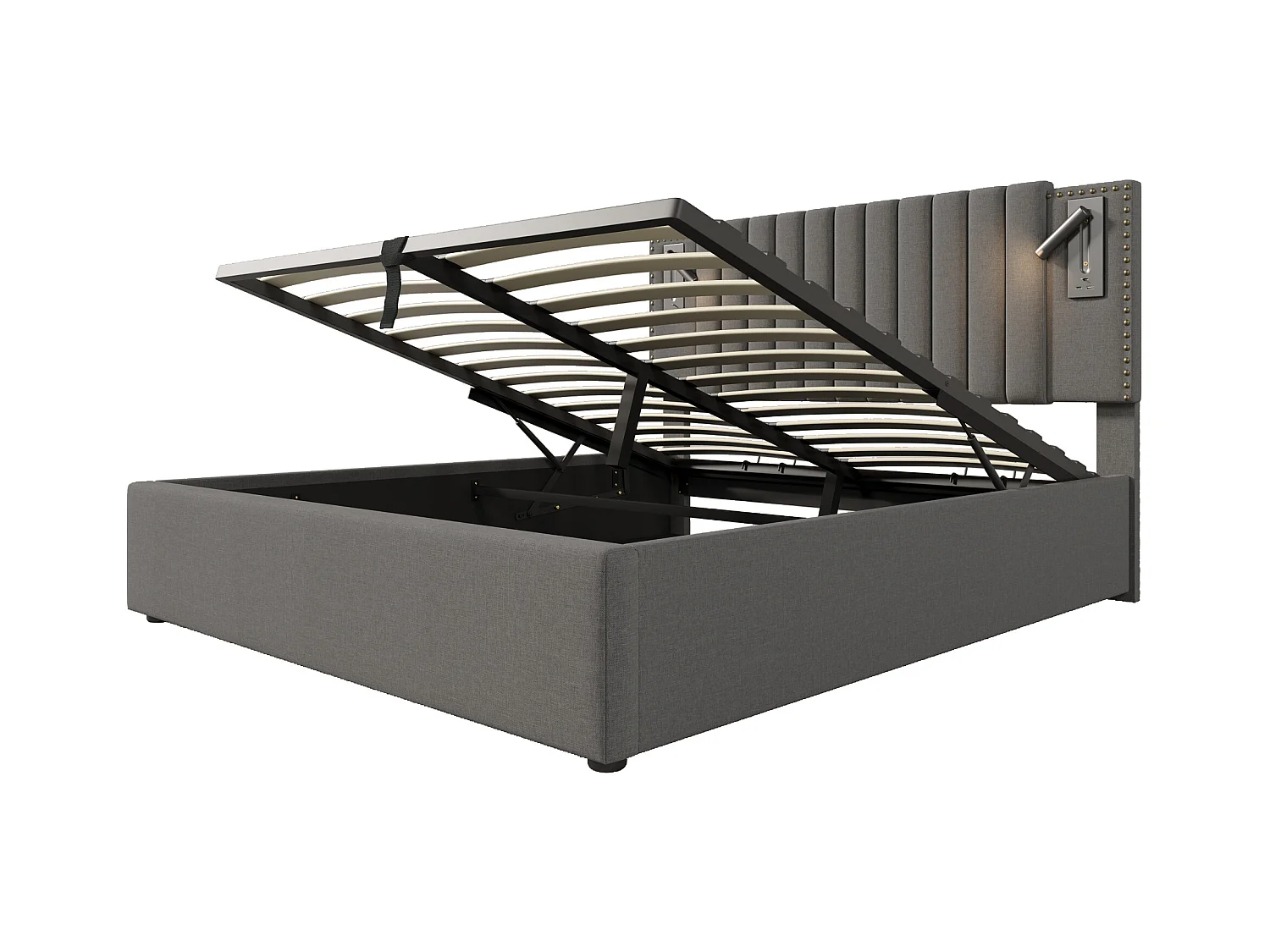 Cama baú casal 140x200 cm - Cabeceira com LED e USB - Algodão cinza (sem colchão)