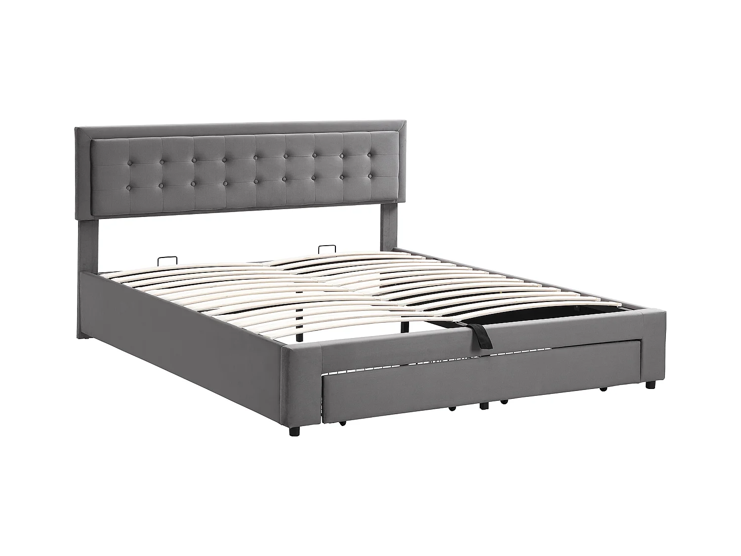 Lit coffre double 160x200 cm avec tiroirs - Tissu velours Gris(sans matelas)