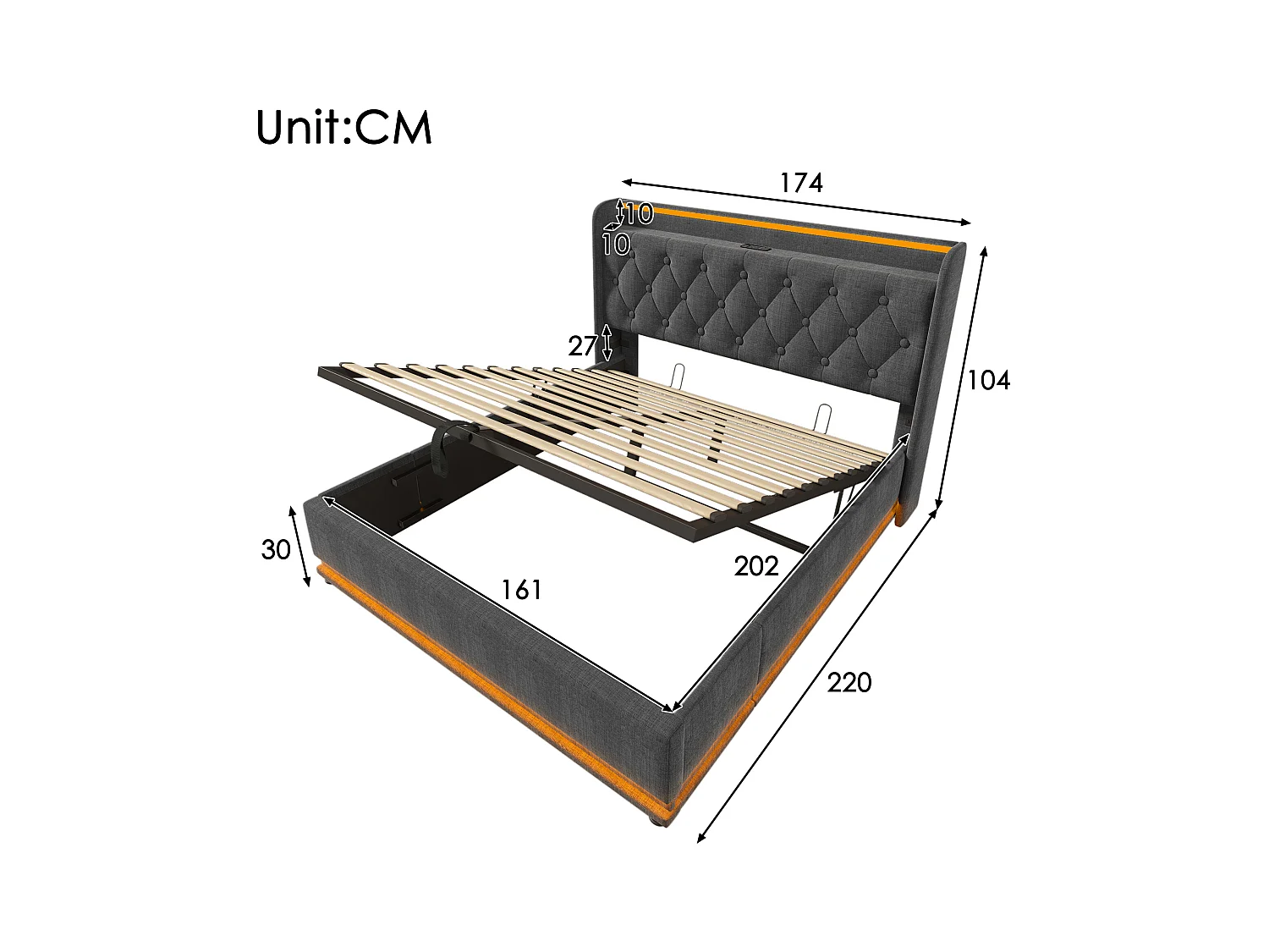 Lit coffre adulte 160x200 cm - Éclairage 360°et charge USB-C - Lin gris, sans matelas