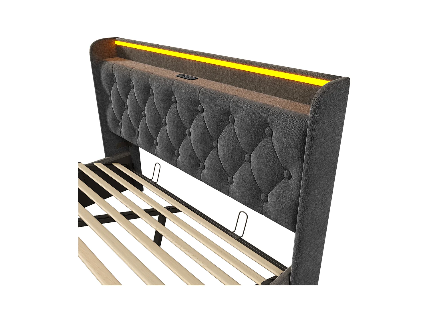 Lit coffre adulte 160x200 cm - Éclairage 360°et charge USB-C - Lin gris, sans matelas