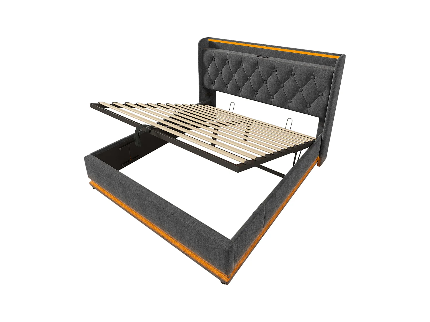 Lit coffre adulte 160x200 cm - Éclairage 360°et charge USB-C - Lin gris, sans matelas