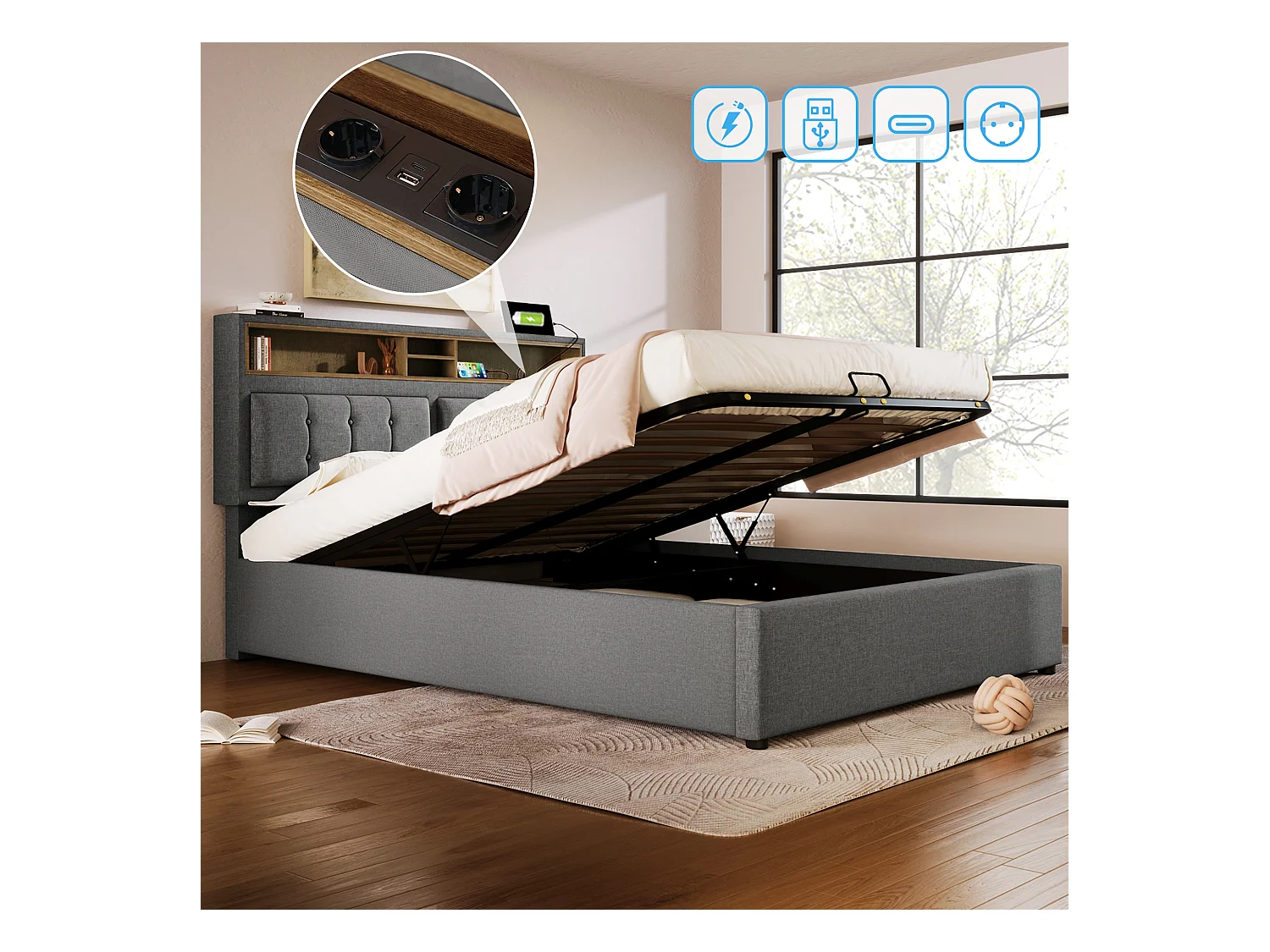 Lit coffre adulte 140x200 cm avec Tête de lit LED et charge USB-C, Lin gris, sans matelas