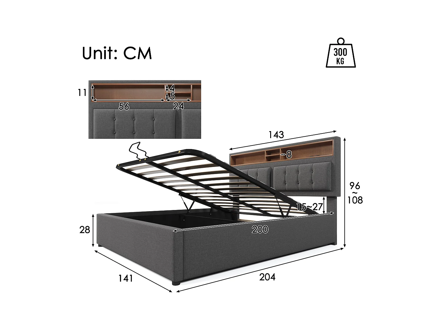 Lit coffre adulte 140x200 cm avec Tête de lit LED et charge USB-C, Lin gris, sans matelas