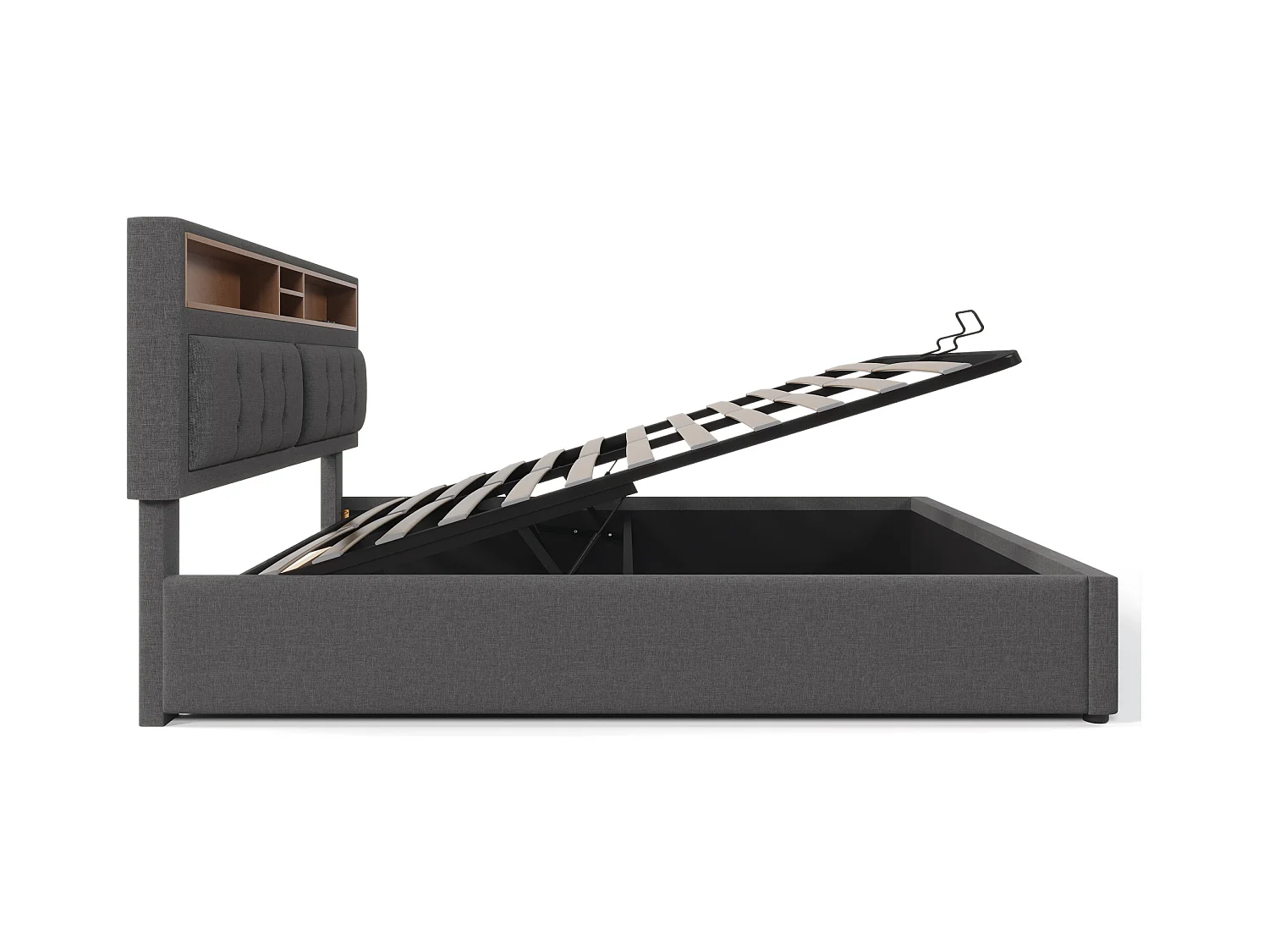 Lit coffre adulte 140x200 cm avec Tête de lit LED et charge USB-C, Lin gris, sans matelas