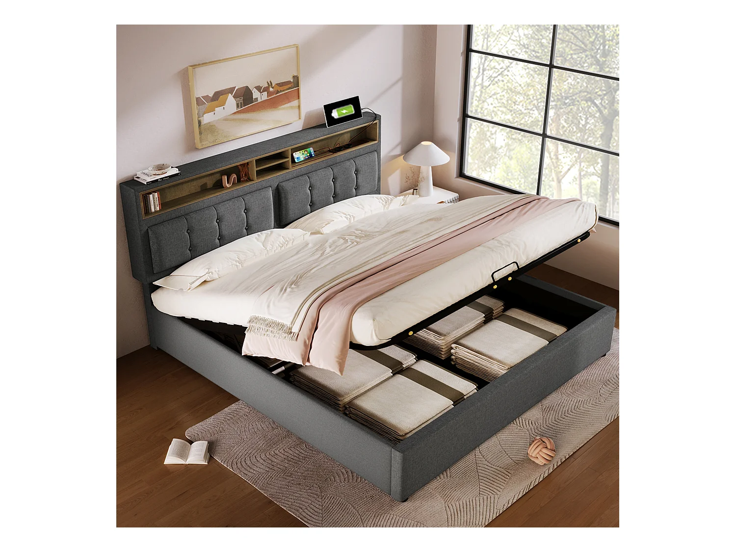 Lit coffre adulte 140x200 cm avec Tête de lit LED et charge USB-C, Lin gris, sans matelas