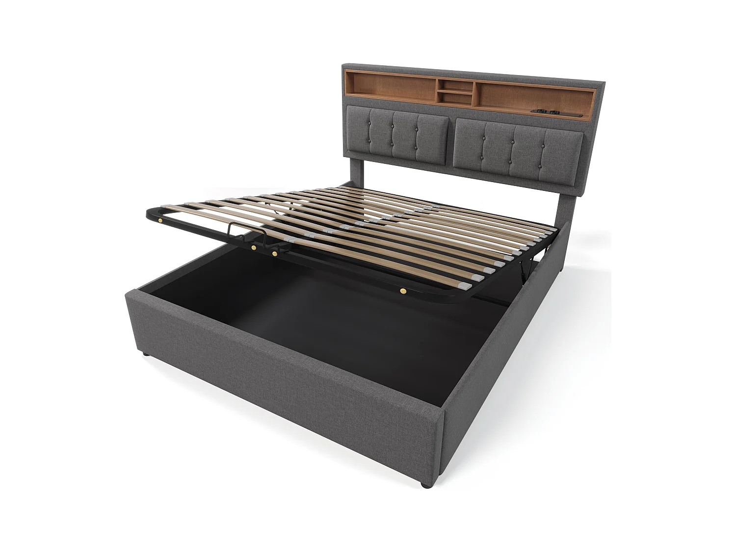 Lit coffre adulte 140x200 cm avec Tête de lit LED et charge USB-C, Lin gris, sans matelas