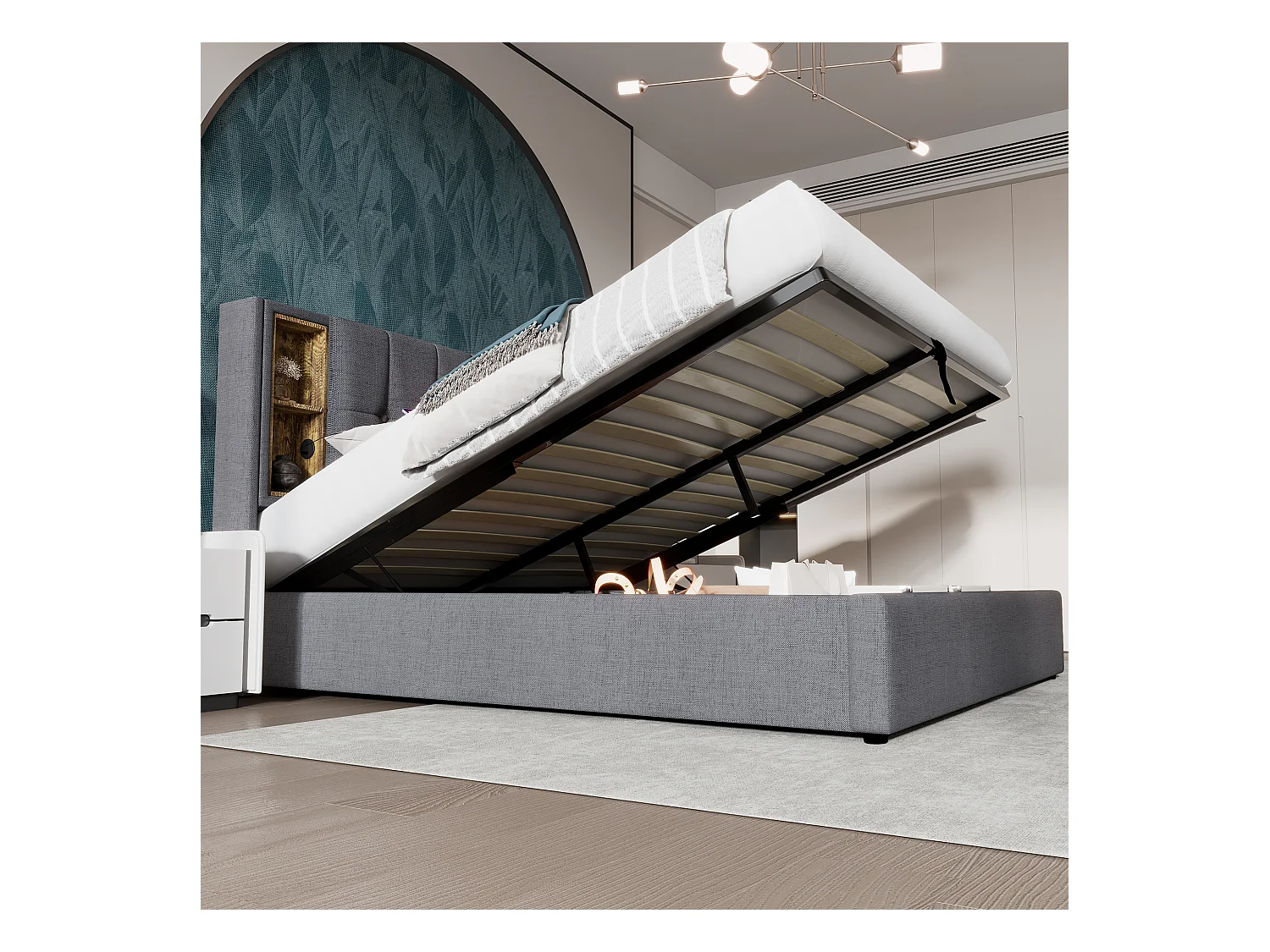 Letto contenitore matrimoniale 160x200 cm con USB-C e rete a doghe in legno – cotone grigio (senza materasso)