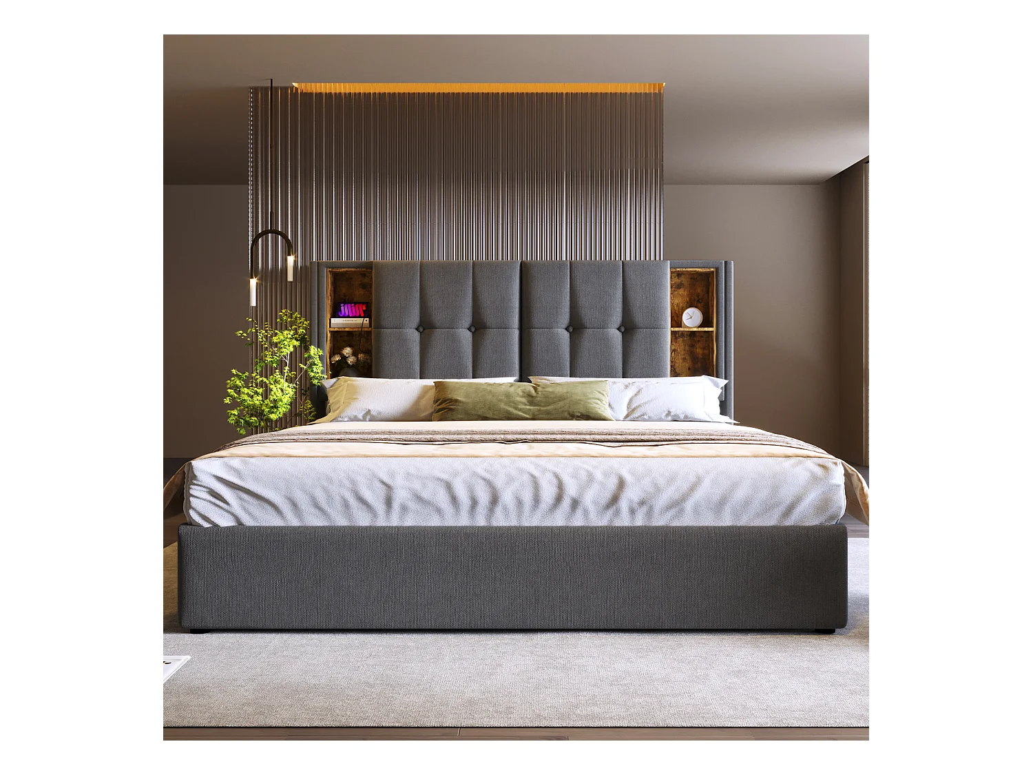 Lit coffre adulte 160x200 cm avec USB-C, sommier à lattes en bois – Coton gris (sans matelas)