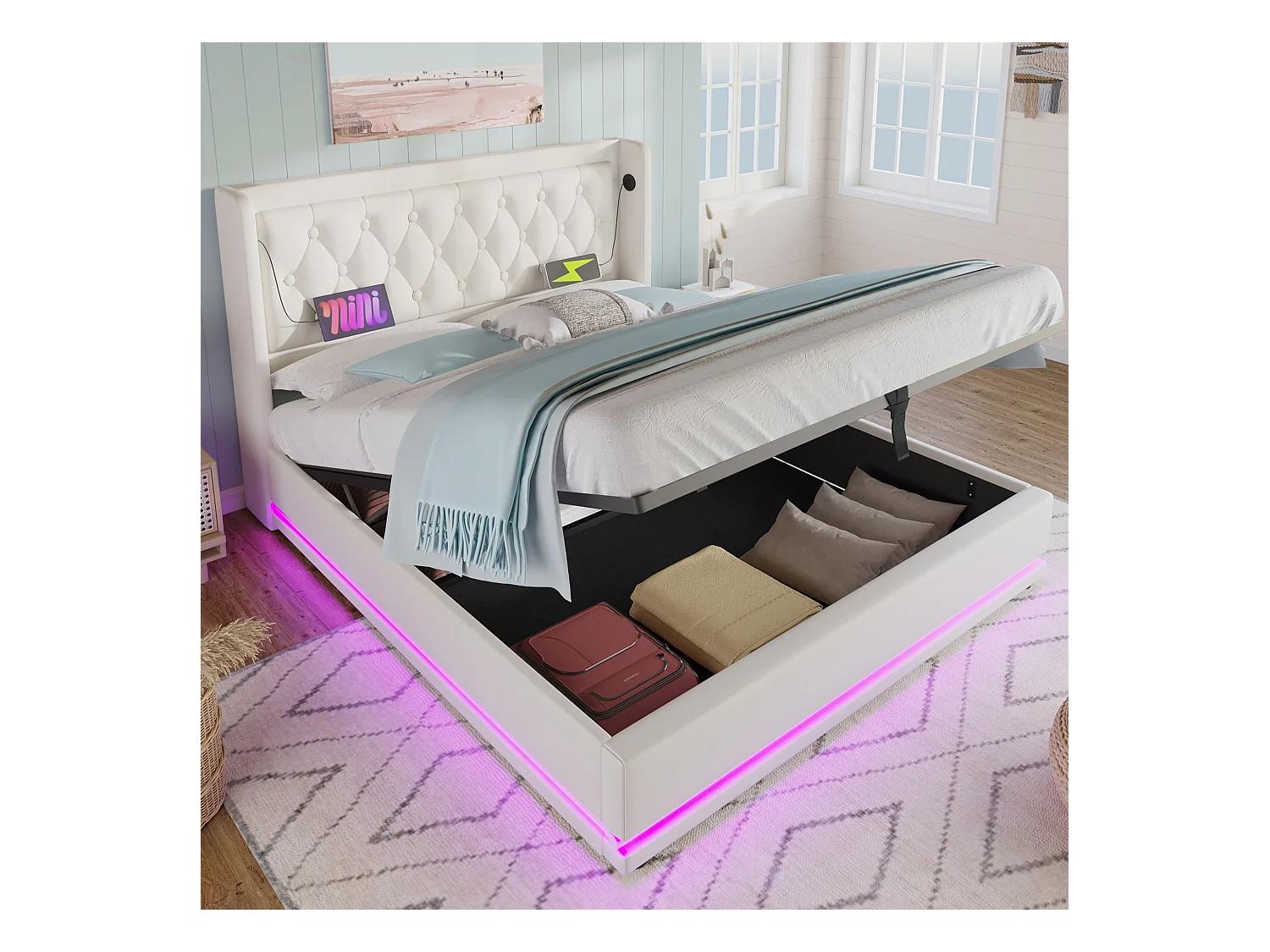 Lit coffre adulte 180x200 cm en PU blanc - Tête de lit rembourrée avec USB Type-C - LED (sans matelas)