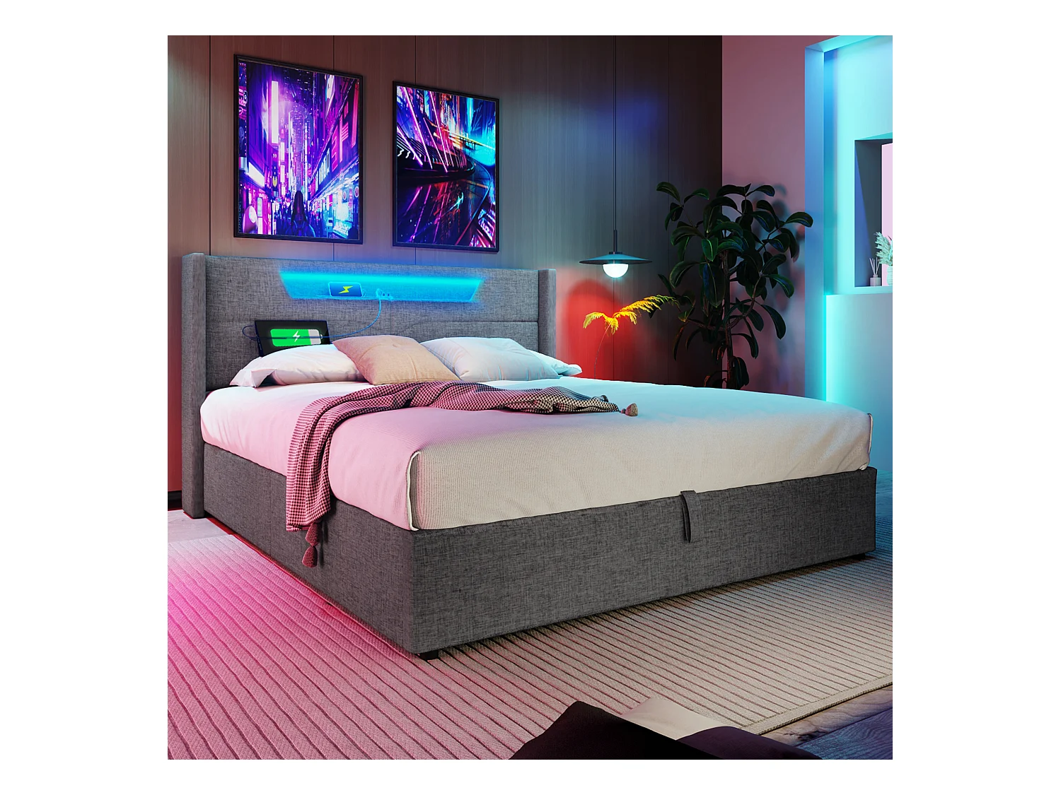Lit coffre adulte 160x200 cm avec LED + charge USB Type-C - Sommier inclus - En lin gris, sans matelas