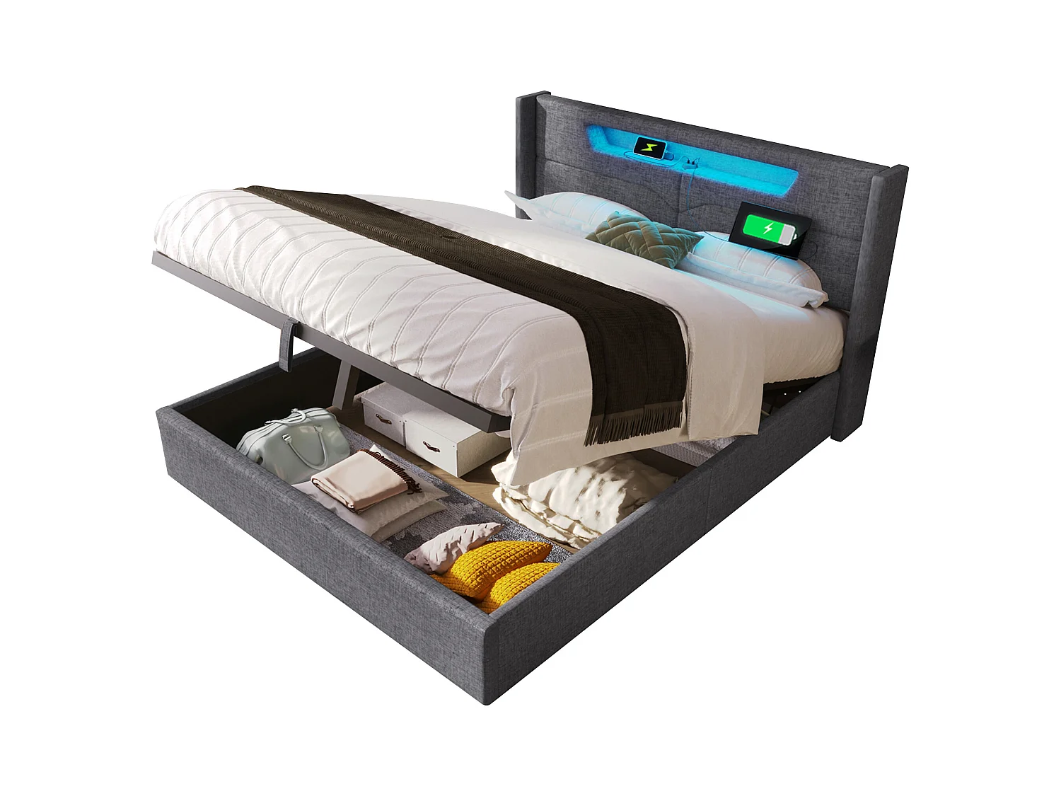Lit coffre adulte 160x200 cm avec LED + charge USB Type-C - Sommier inclus - En lin gris, sans matelas