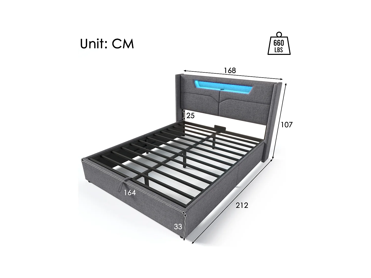 Lit coffre adulte 160x200 cm avec LED + charge USB Type-C - Sommier inclus - En lin gris, sans matelas
