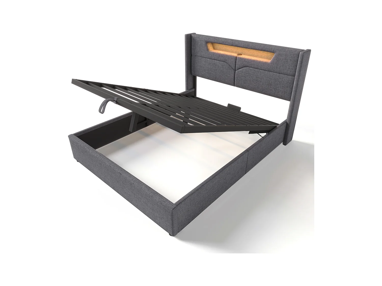 Lit coffre adulte 160x200 cm avec LED + charge USB Type-C - Sommier inclus - En lin gris, sans matelas