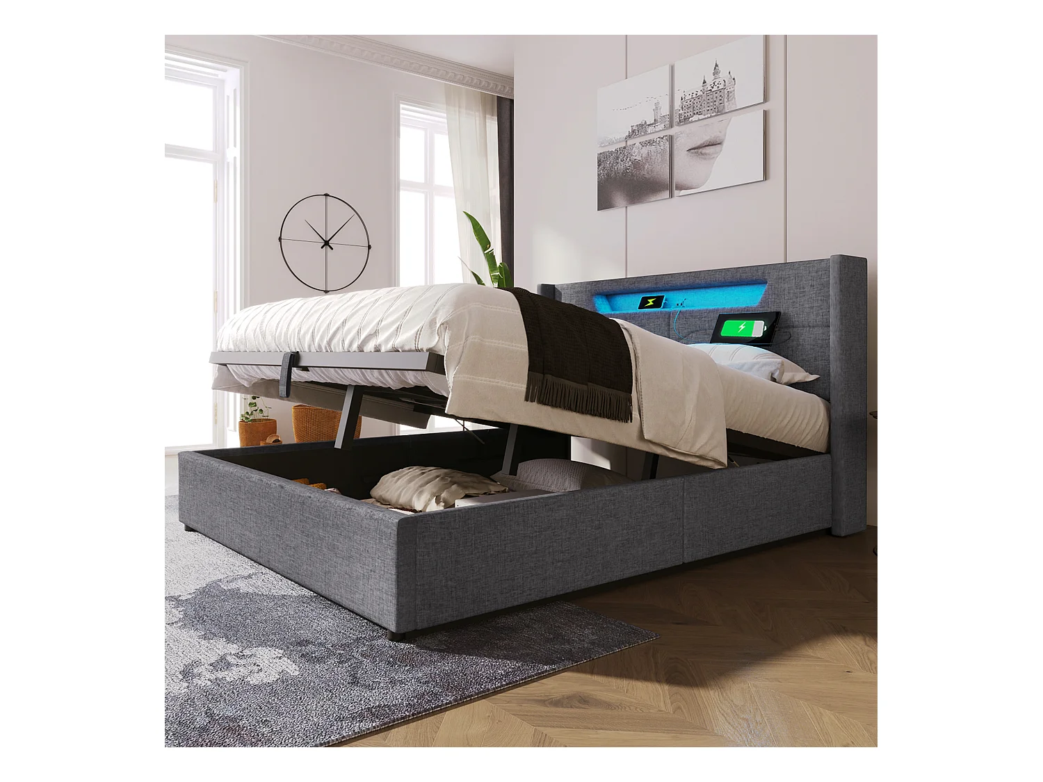 Lit coffre adulte 160x200 cm avec LED + charge USB Type-C - Sommier inclus - En lin gris, sans matelas