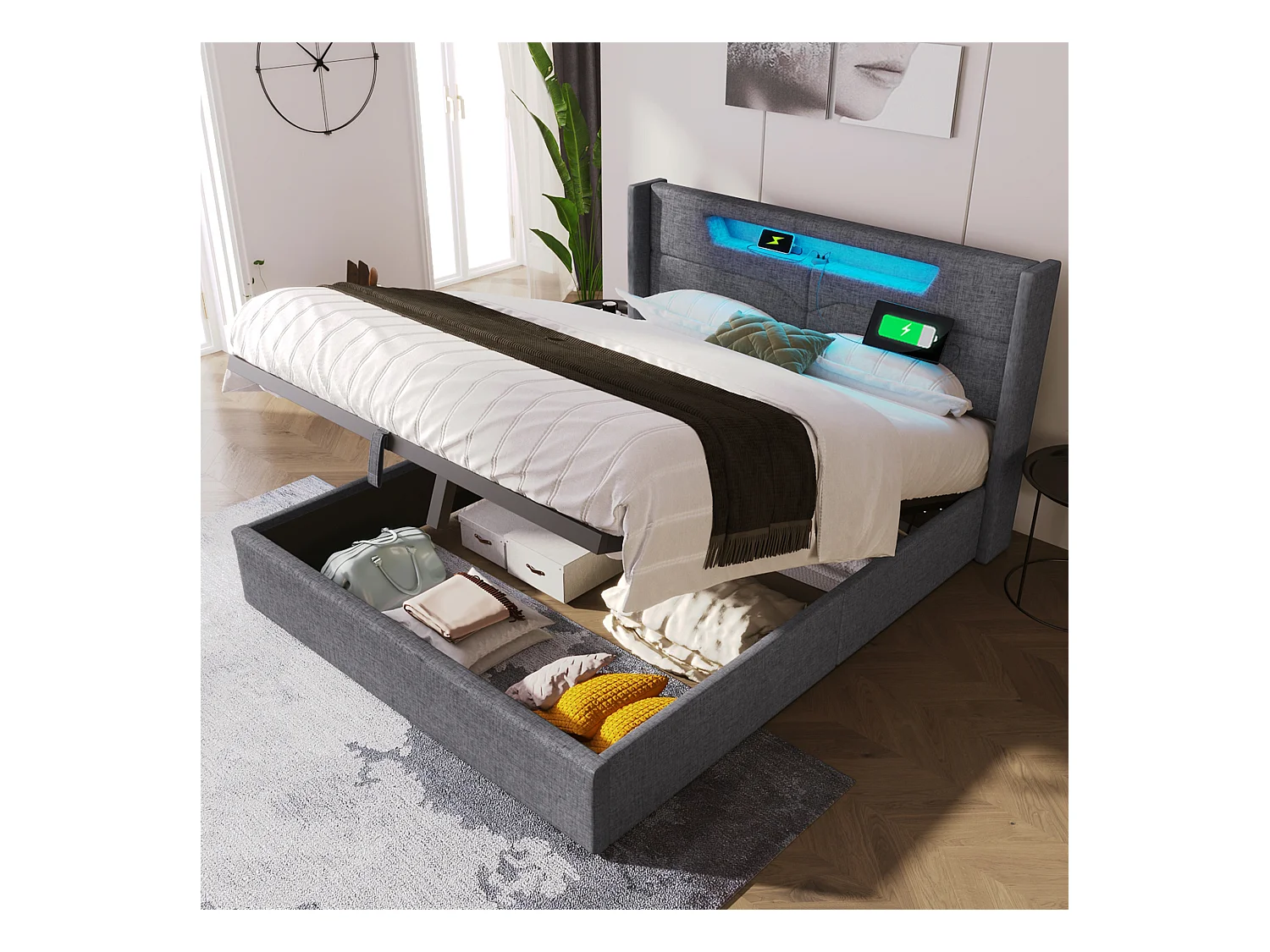 Lit coffre adulte 160x200 cm avec LED + charge USB Type-C - Sommier inclus - En lin gris, sans matelas