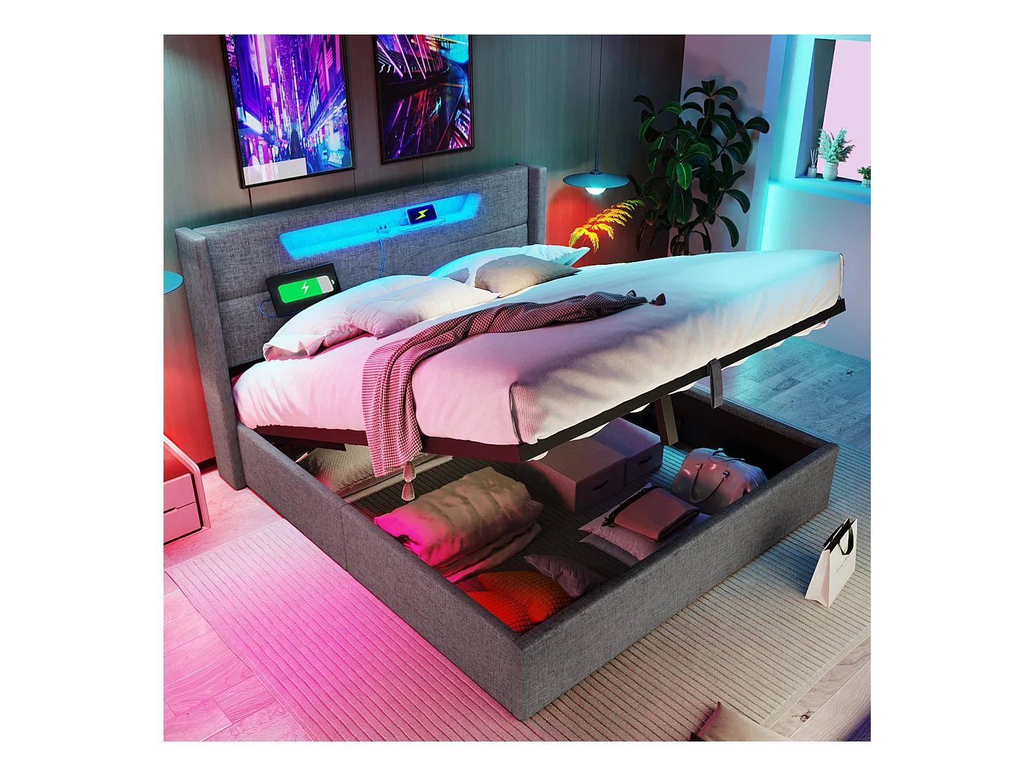 Lit coffre adulte 160x200 cm avec LED + charge USB Type-C - Sommier inclus - En lin gris, sans matelas