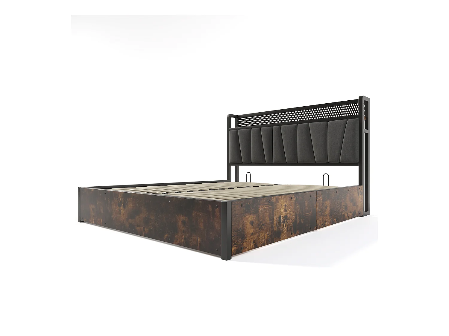 Lit coffre adulte 160x200 cm - avec LED et charge USB-C - Structure métal et bois - Gris (sans matelas)