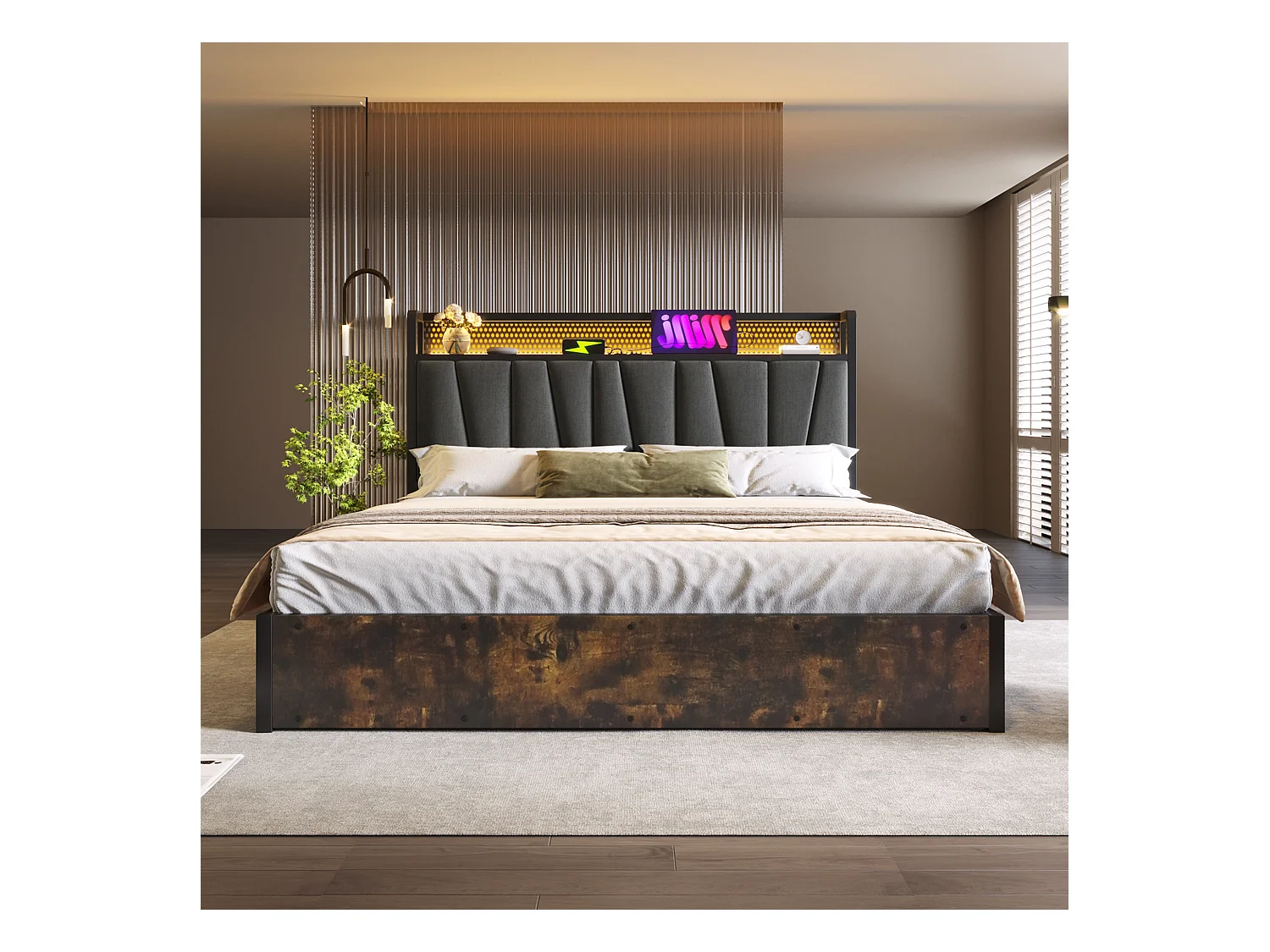 Lit coffre adulte 160x200 cm - avec LED et charge USB-C - Structure métal et bois - Gris (sans matelas)