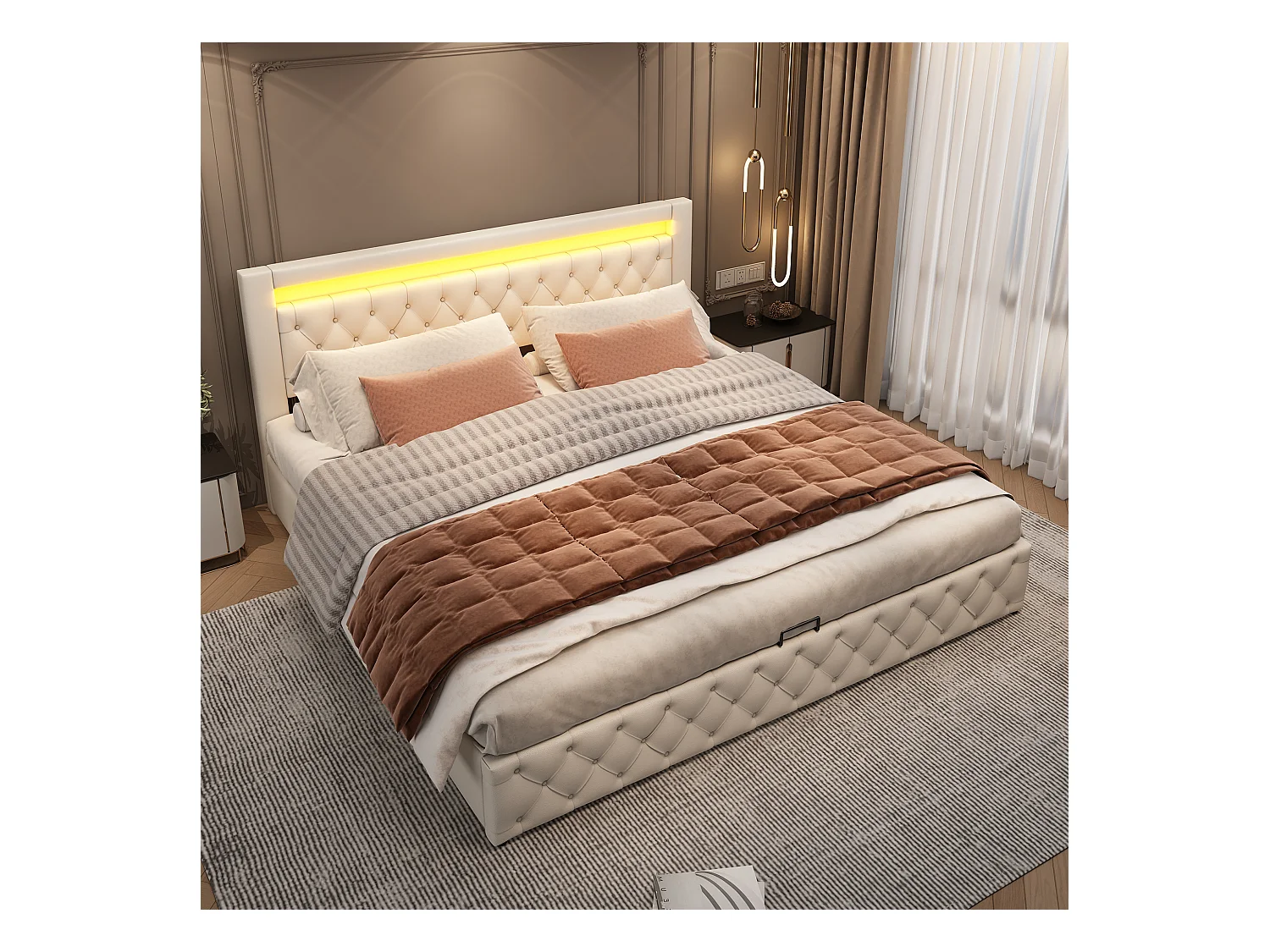 Cama de casal com arrumação 180x200 cm em PU branco, com estrado de ripas e iluminação LED (sem colchão)