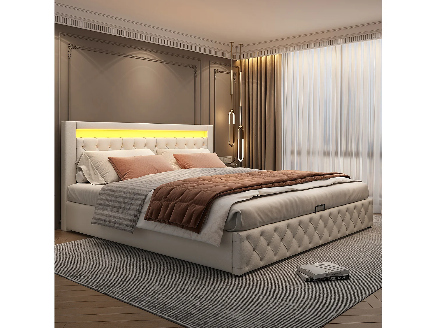 Lit coffre adulte 180x200 cm en PU blanc avec sommier à lattes et éclairage LED(sans matelas)