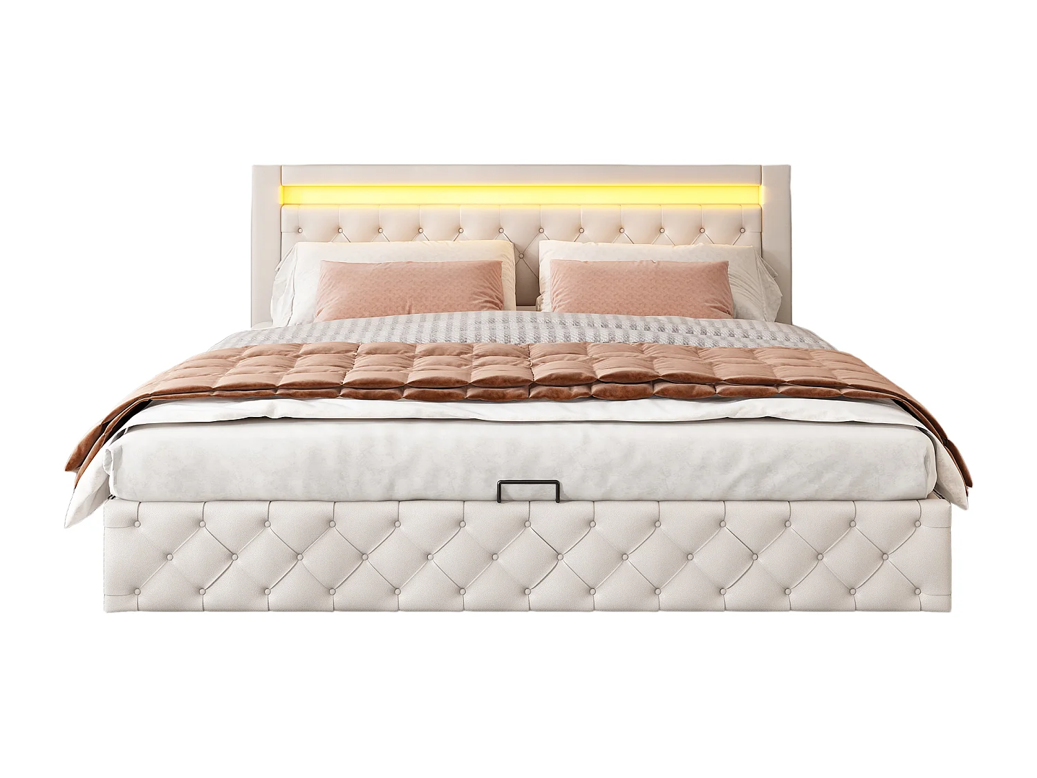 Lit coffre adulte 180x200 cm en PU blanc avec sommier à lattes et éclairage LED(sans matelas)