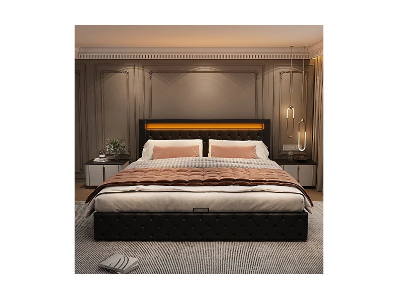 Lit coffre adulte 140x200 cm - avec LED - en PU Noir (sans matelas)
