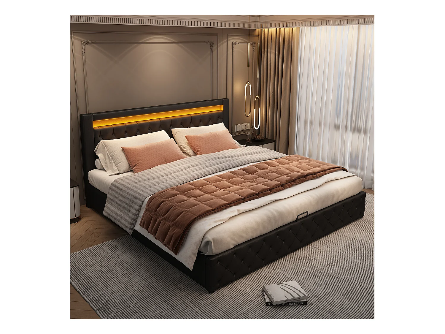 Tweepersoons opbergbed 140x200 cm met LED, in zwart PU (zonder matras)