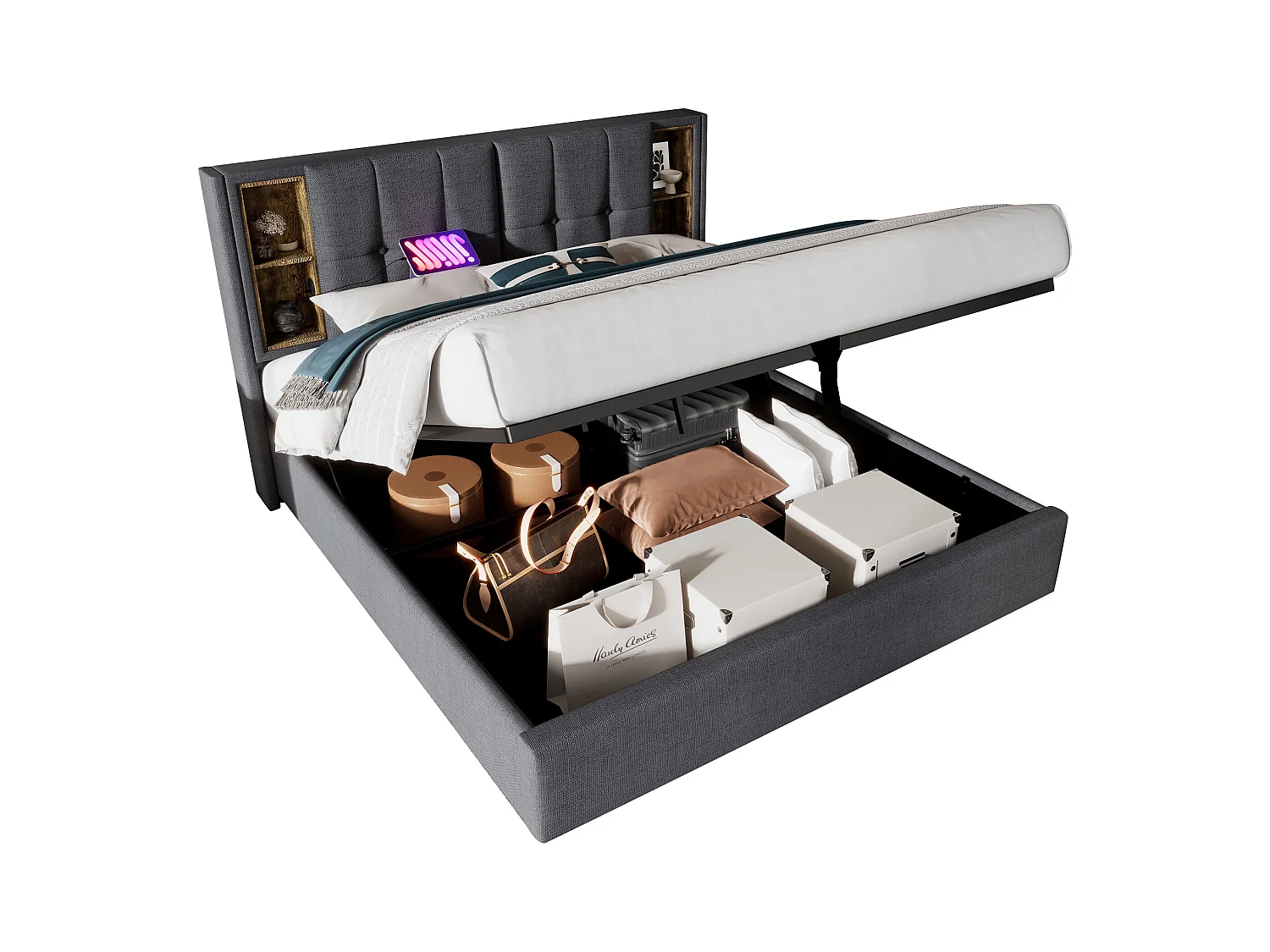 Cama canapé doble 180x200 cm con USB-C, somier de láminas de madera - algodón gris (sin colchón)