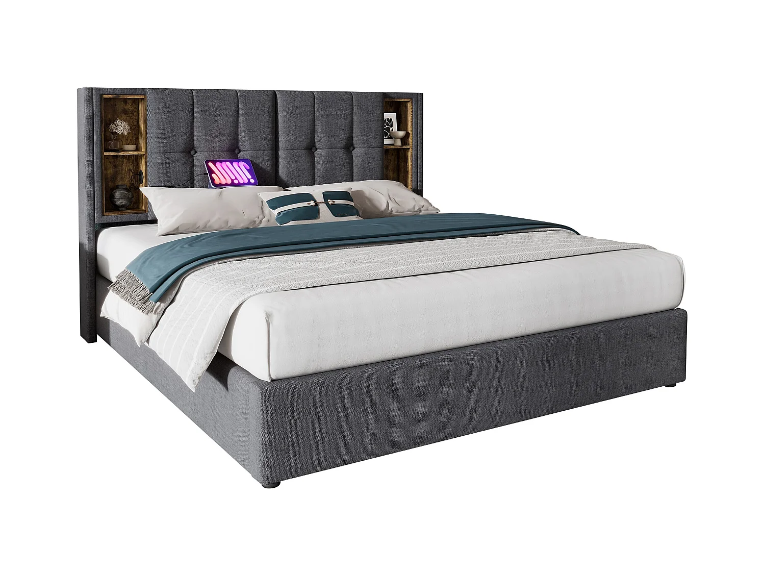 Lit coffre adulte 180x200 cm avec USB-C, sommier à lattes en bois - coton Gris(sans matelas)