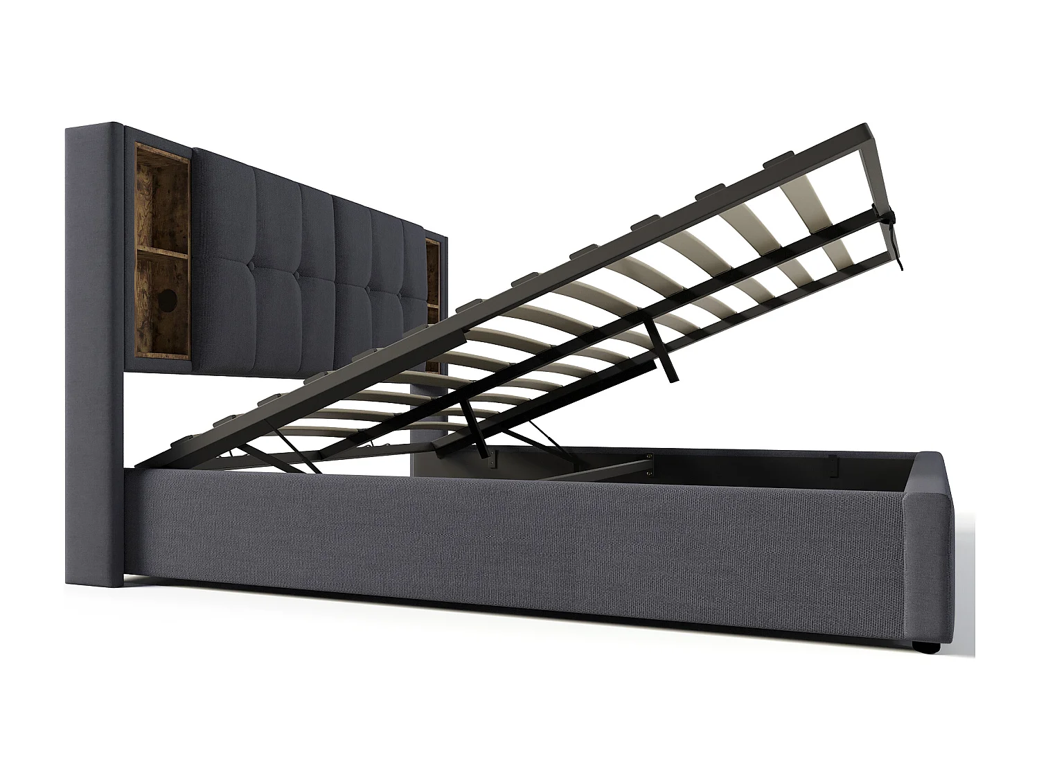 Cama baú dupla 180x200 cm com USB-C, estrado de ripas em madeira - algodão cinza (sem colchão)