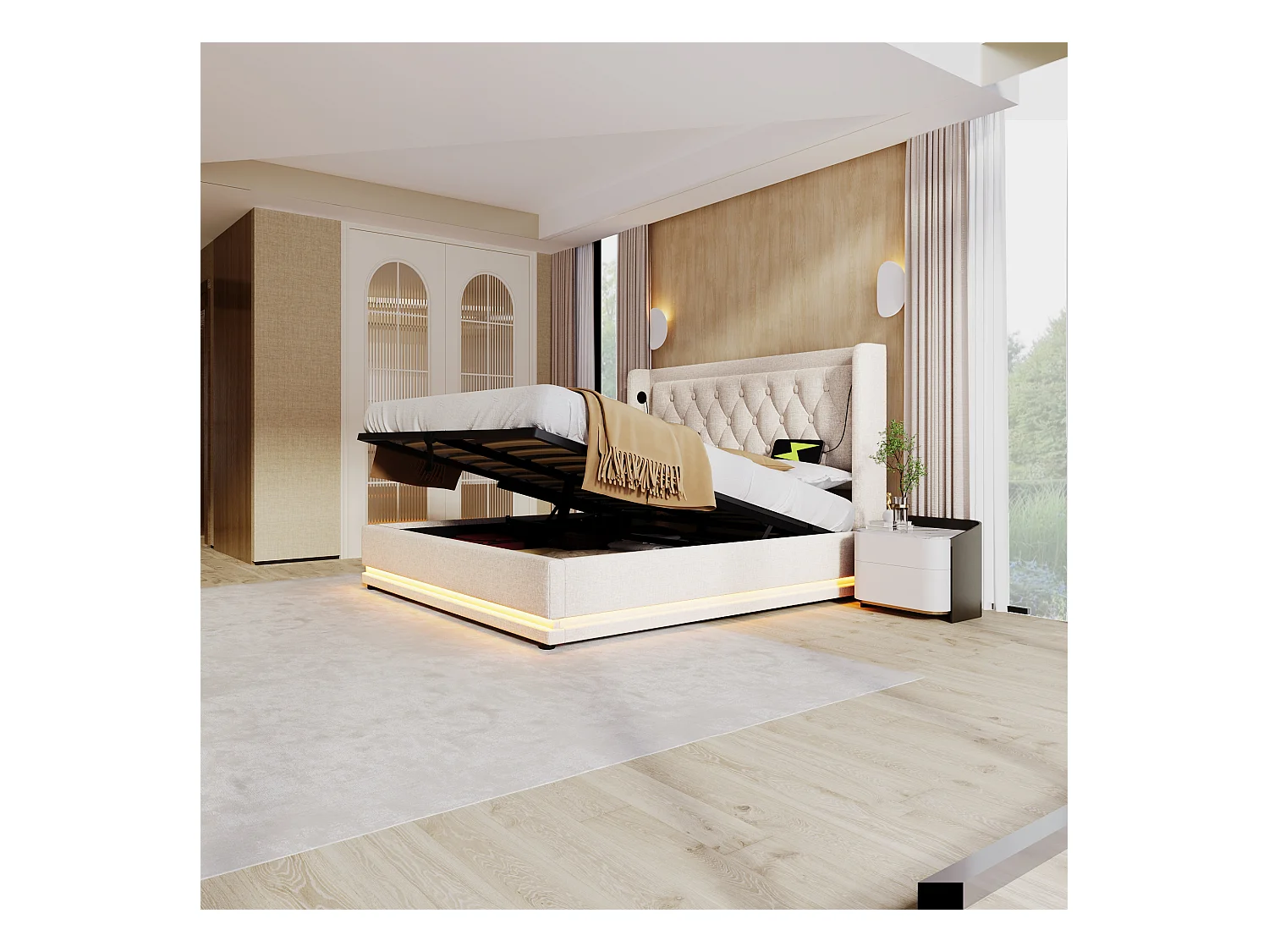 Tweepersoons opbergbed 140x200 cm met USB Type-C - LED aan 3 zijden - beige katoen (zonder matras)