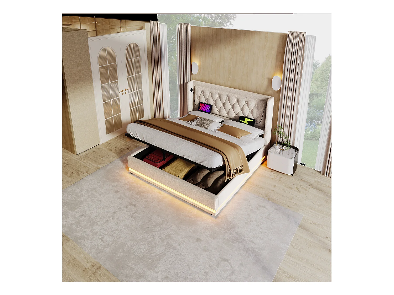 Tweepersoons opbergbed 140x200 cm met USB Type-C - LED aan 3 zijden - beige katoen (zonder matras)