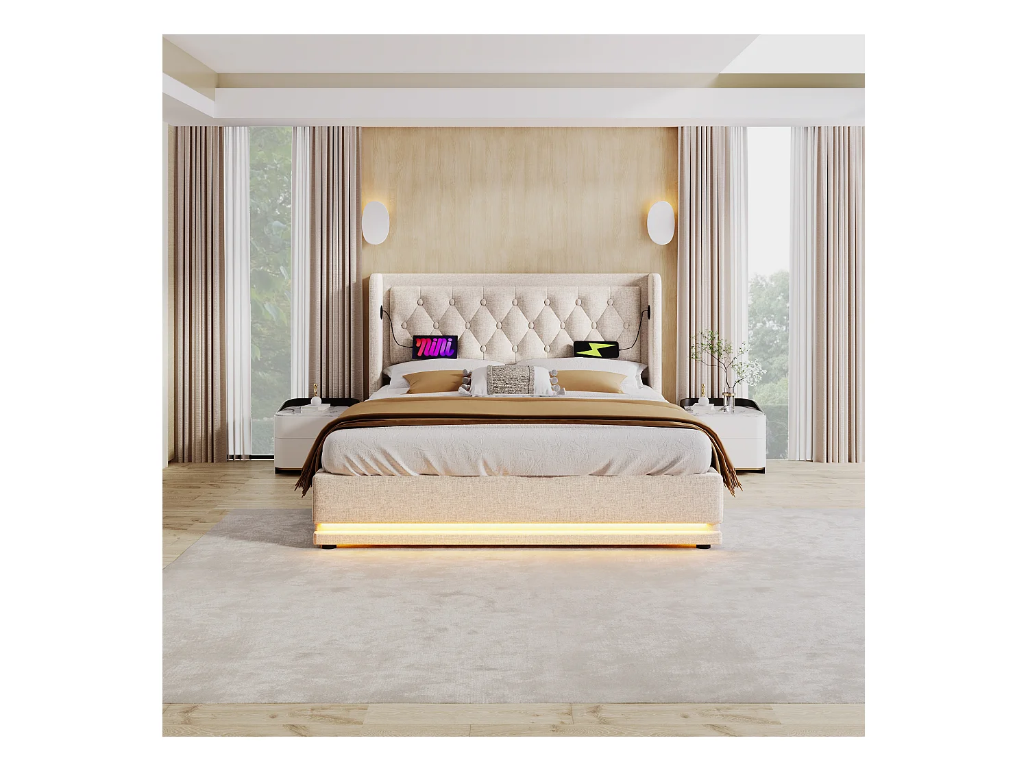 Lit coffre adulte 140x200 cm avec USB Type-C - LED sur 3 côtés - en coton beige(sans matelas)