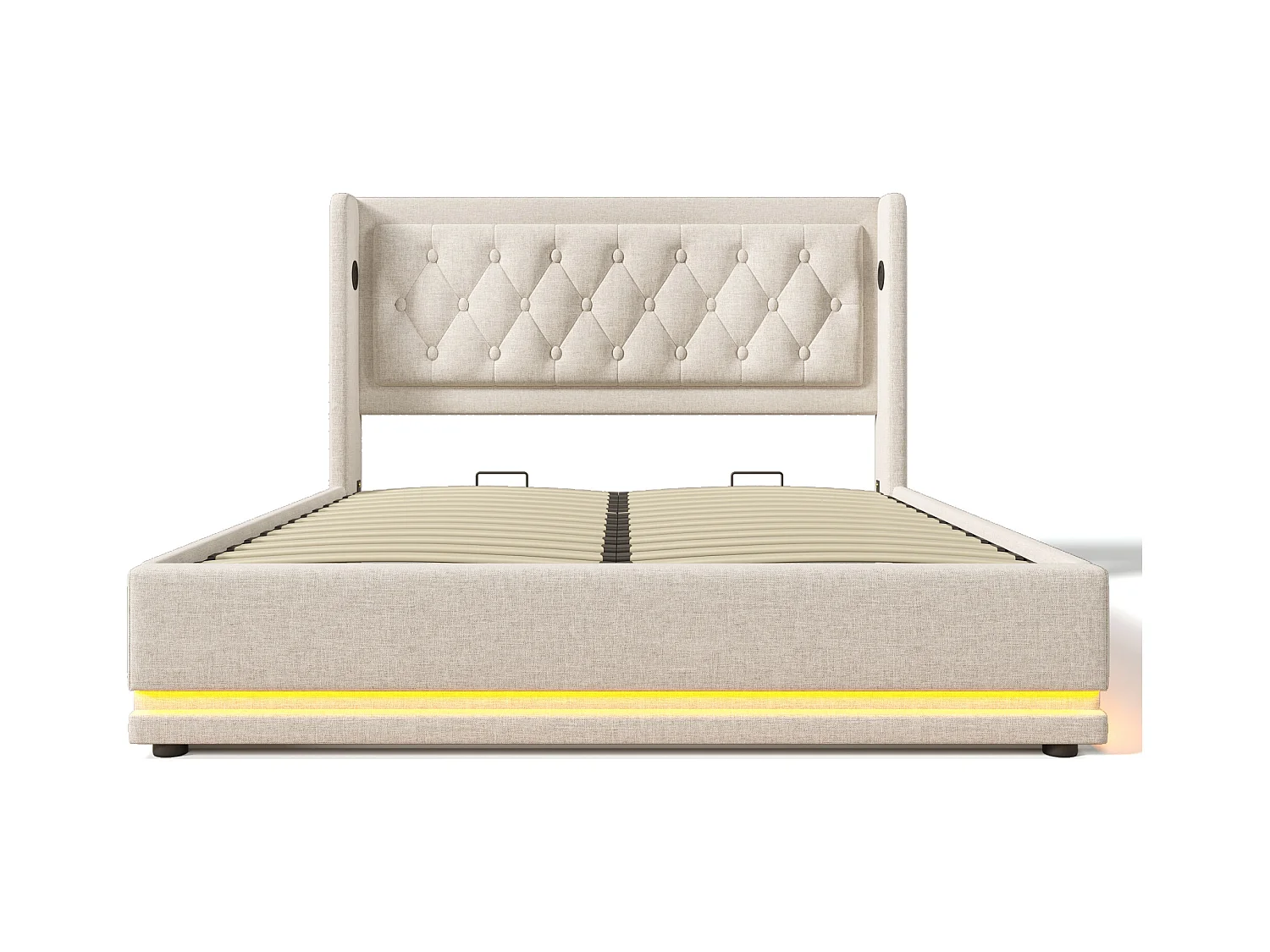 Lit coffre adulte 140x200 cm avec USB Type-C - LED sur 3 côtés - en coton beige(sans matelas)