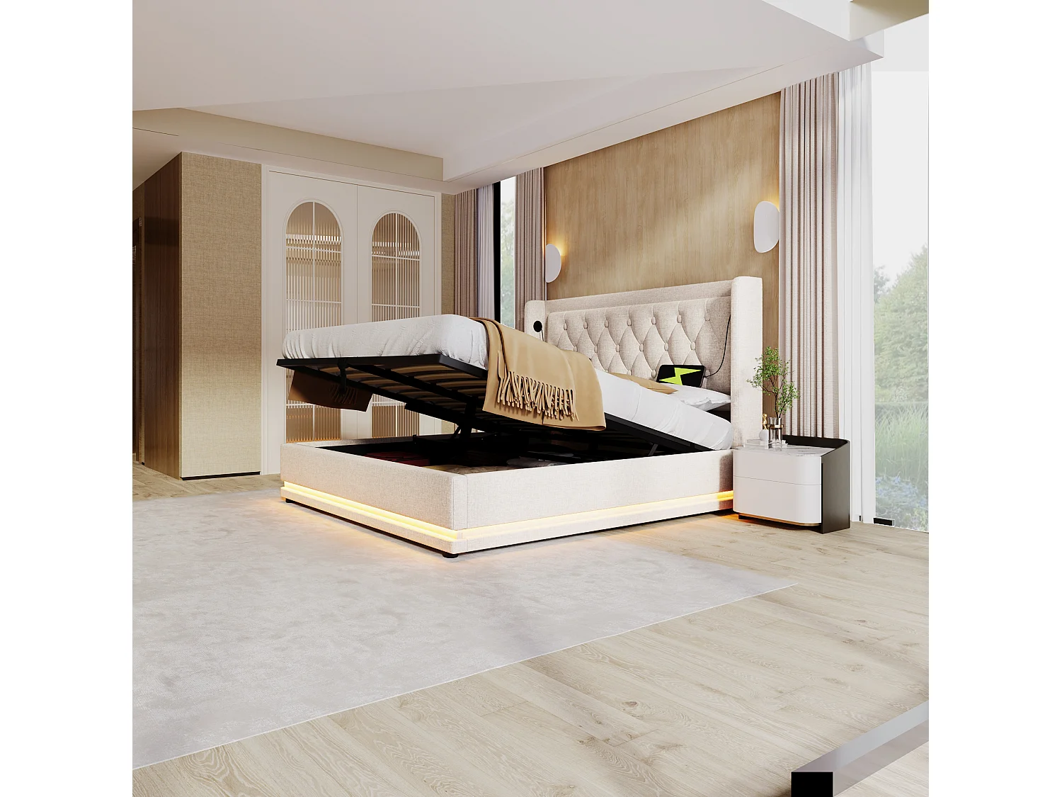 Lit coffre adulte 140x200 cm avec USB Type-C - LED sur 3 côtés - en coton beige(sans matelas)