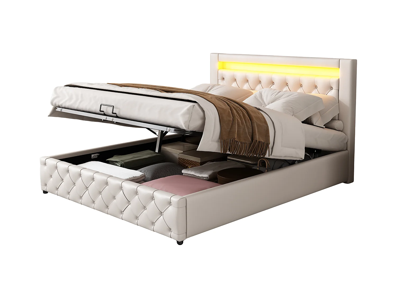 Cama baúl doble 140x200 cm en PU blanco – con somier de láminas y luz LED (sin colchón)