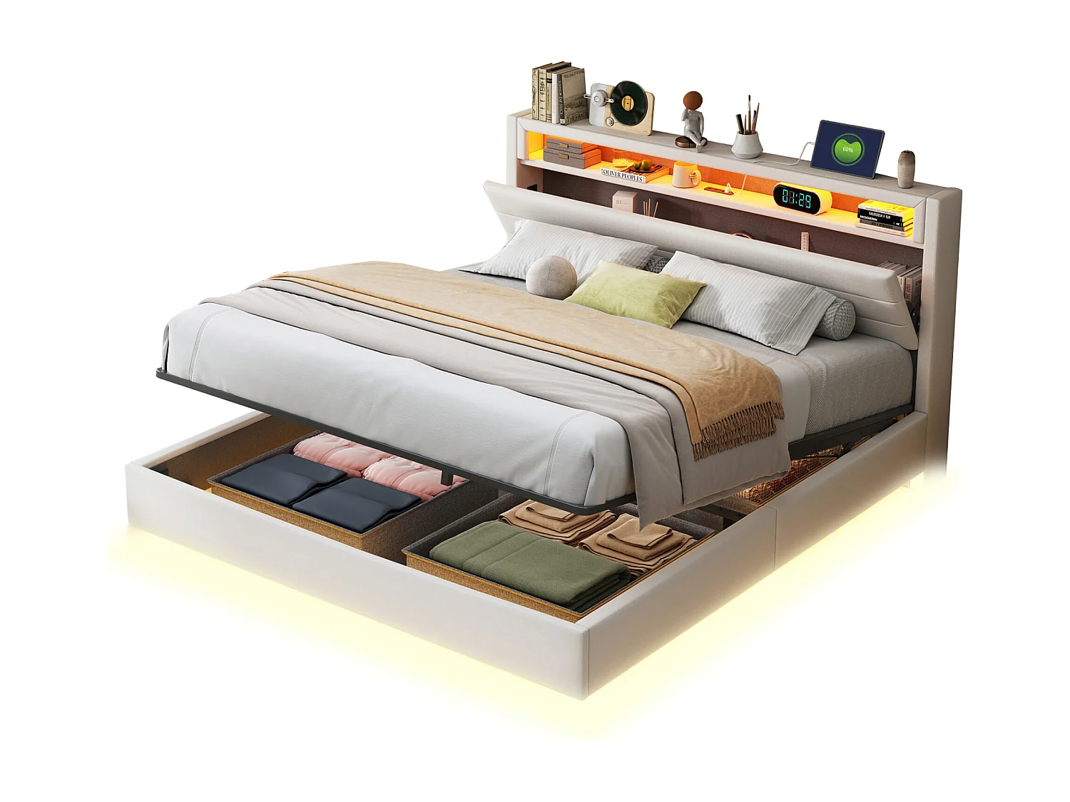 Lit coffre double 160x200 cm en lin beige avec USB, LED et tête de lit réversible(sans matelas)