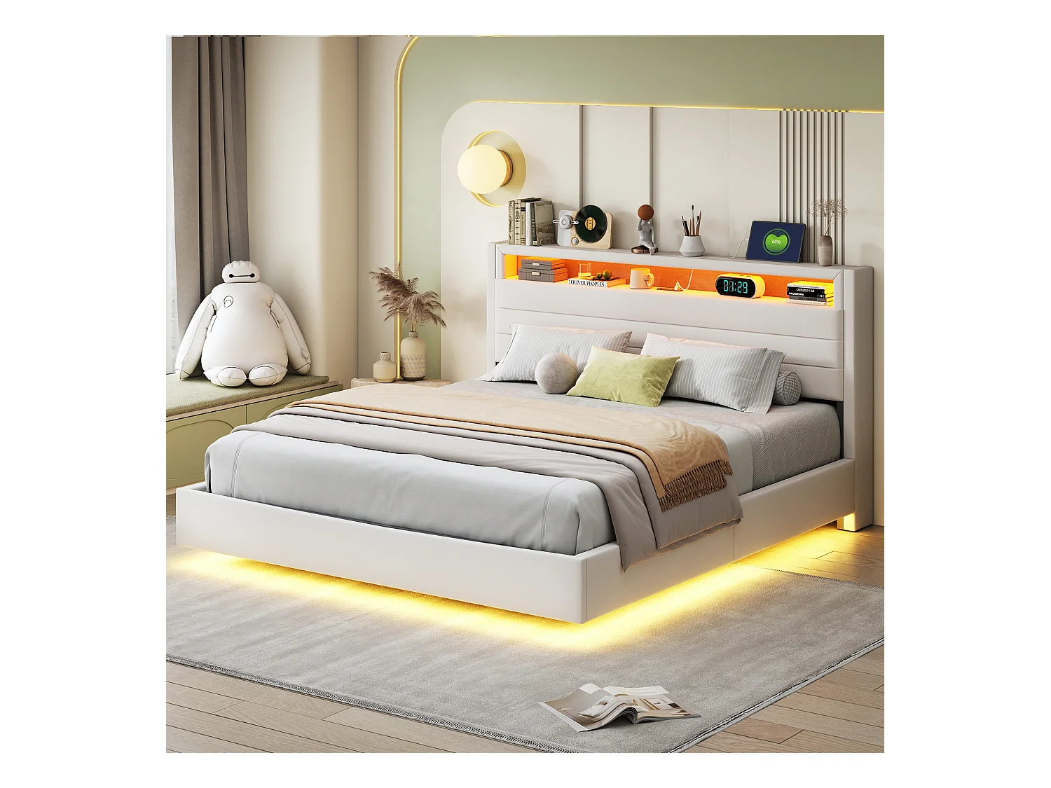 Lit coffre double 160x200 cm en lin beige avec USB, LED et tête de lit réversible(sans matelas)