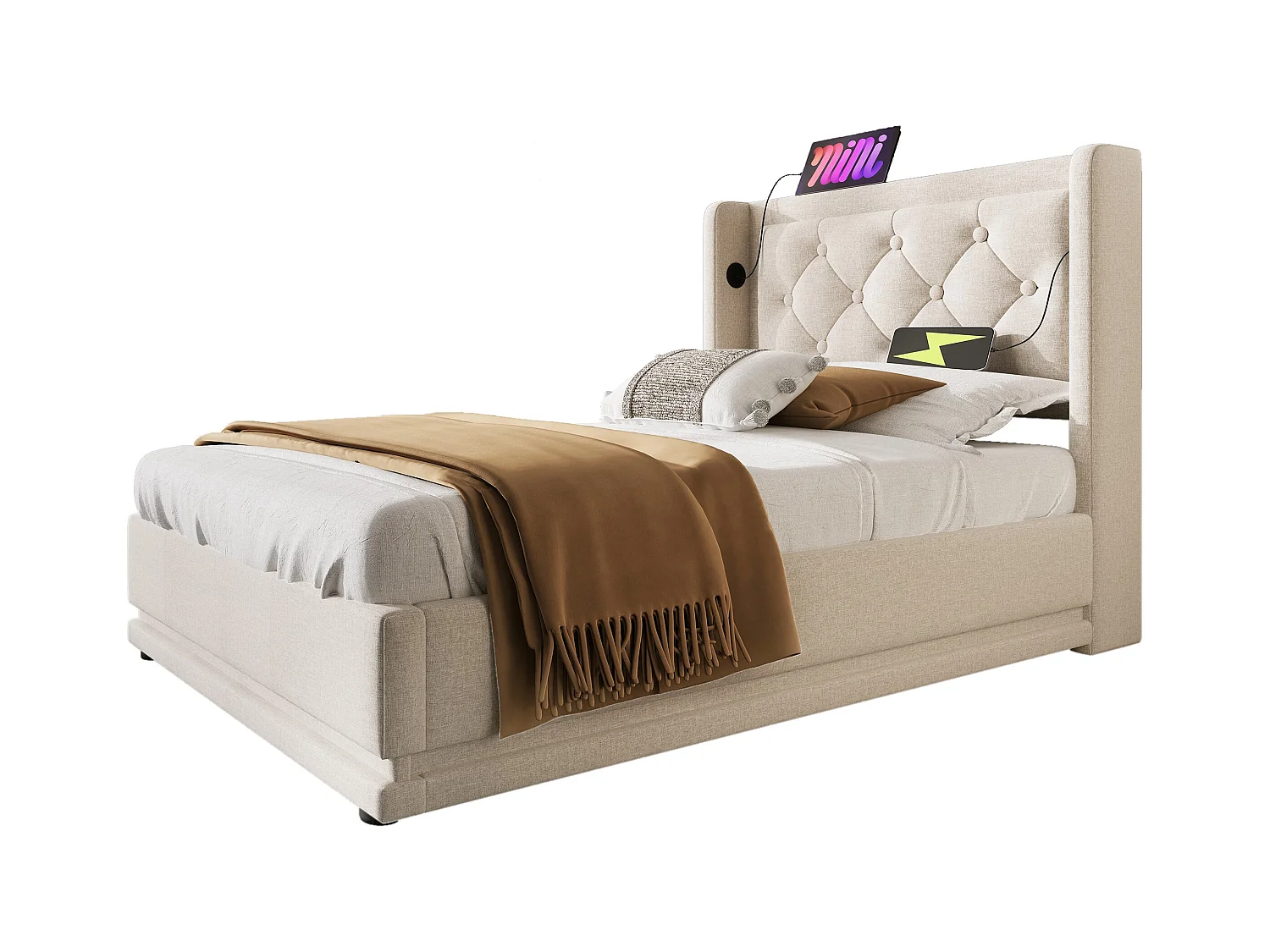 Letto contenitore singolo 90x200 cm - LED su 3 lati e USB-C - Cotone beige (senza materasso)
