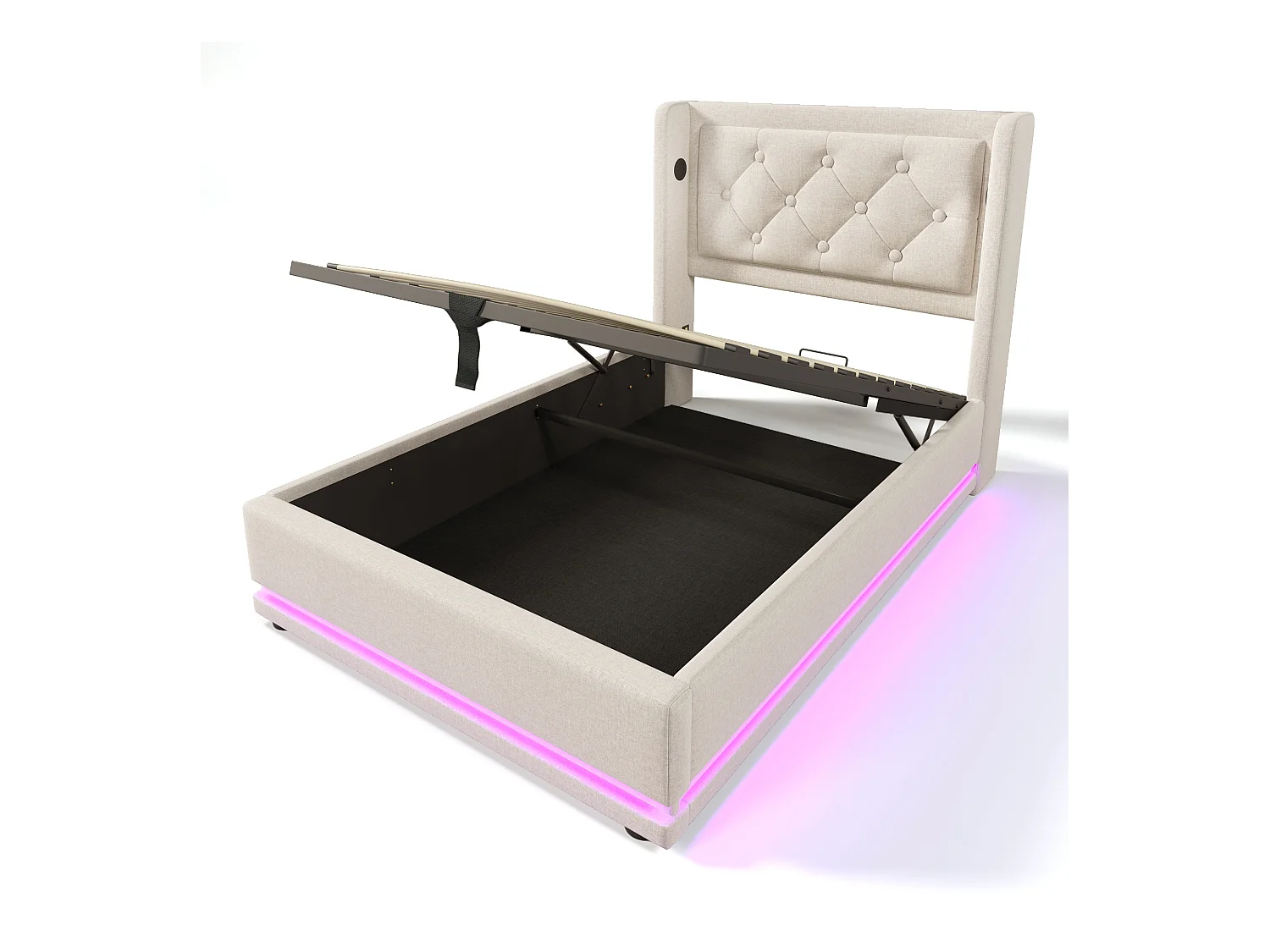 Letto contenitore singolo 90x200 cm - LED su 3 lati e USB-C - Cotone beige (senza materasso)