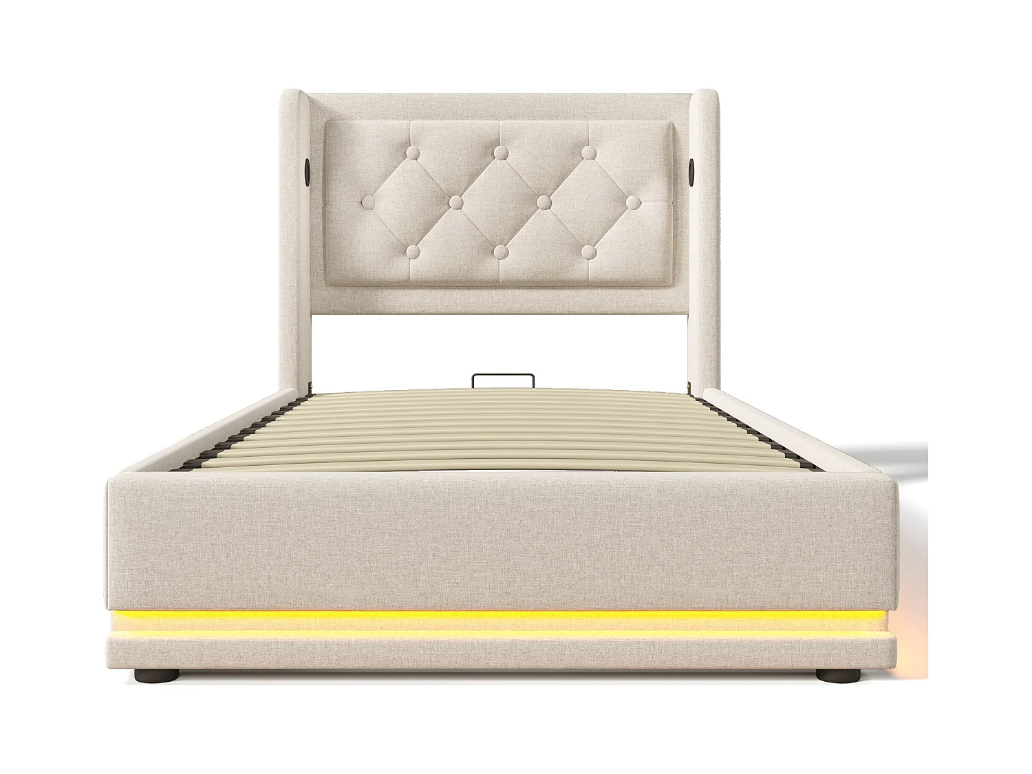 Letto contenitore singolo 90x200 cm - LED su 3 lati e USB-C - Cotone beige (senza materasso)