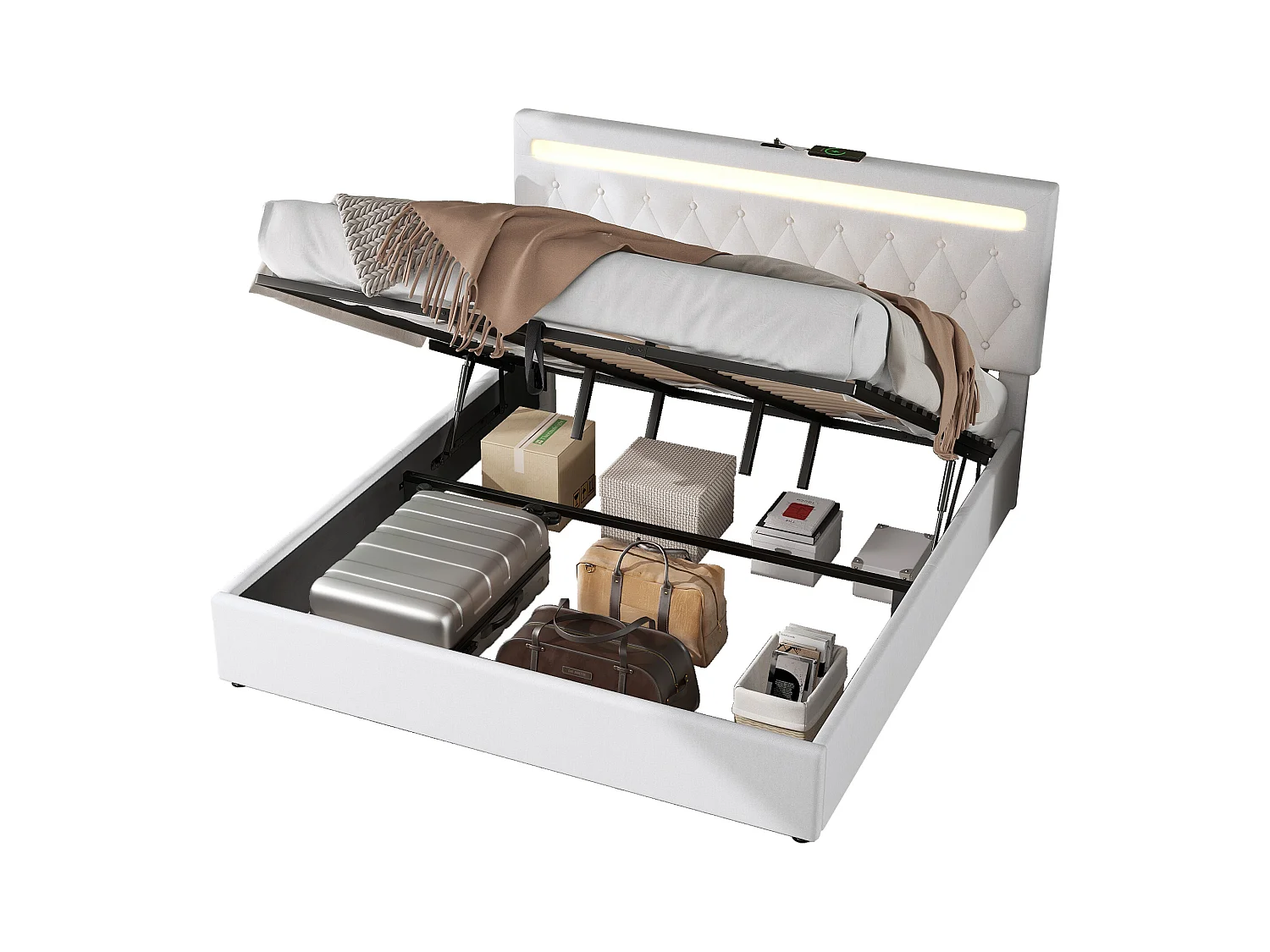 Tweepersoonsbed met opbergruimte 180x200 cm, met LED en USB-poort, in wit linnen (exclusief matras)