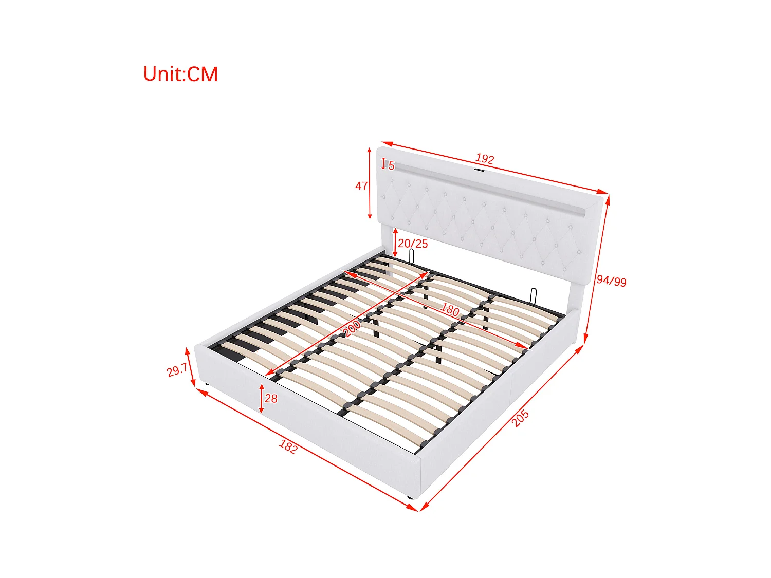 Tweepersoonsbed met opbergruimte 180x200 cm, met LED en USB-poort, in wit linnen (exclusief matras)