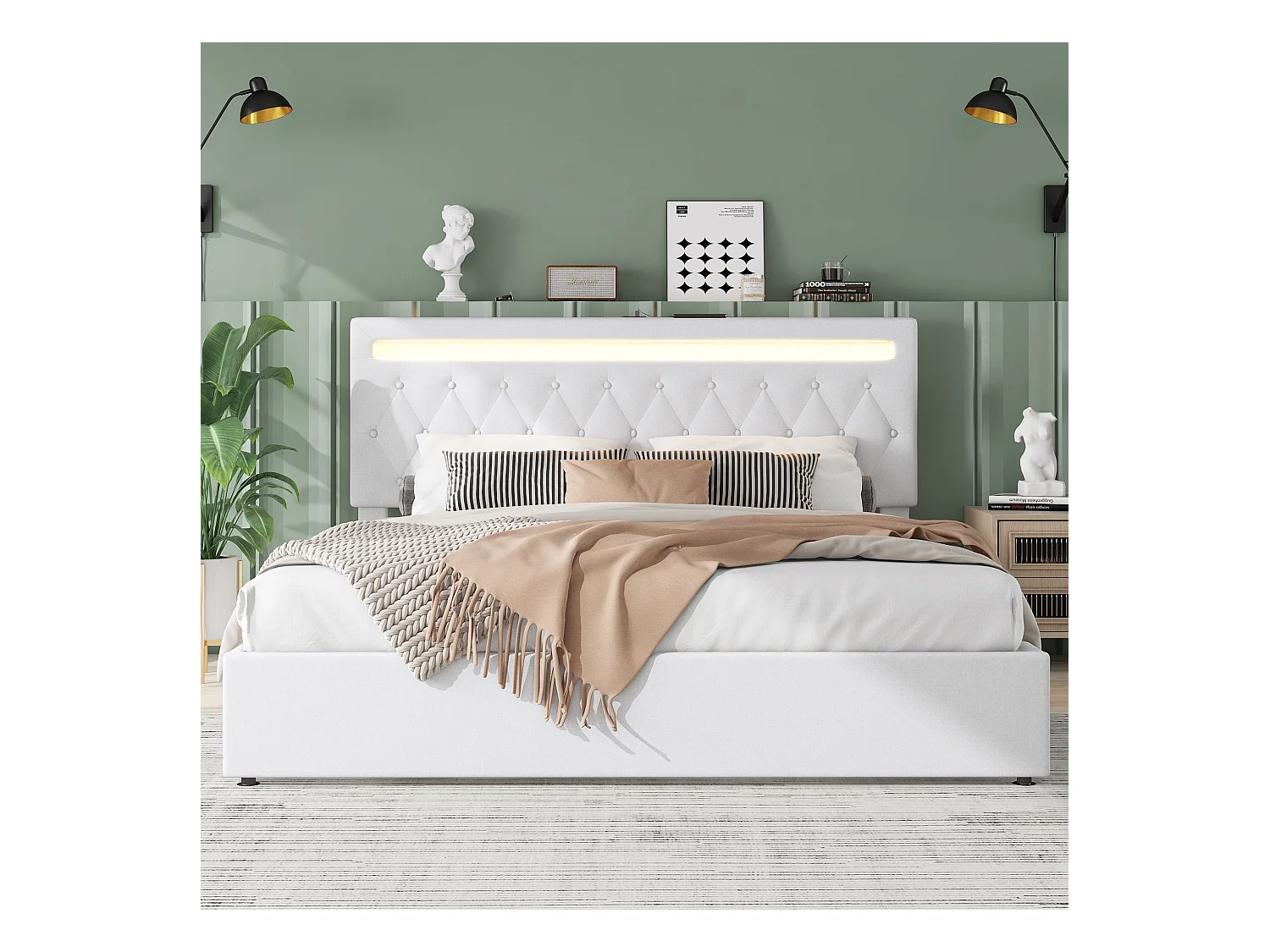 Tweepersoonsbed met opbergruimte 180x200 cm, met LED en USB-poort, in wit linnen (exclusief matras)