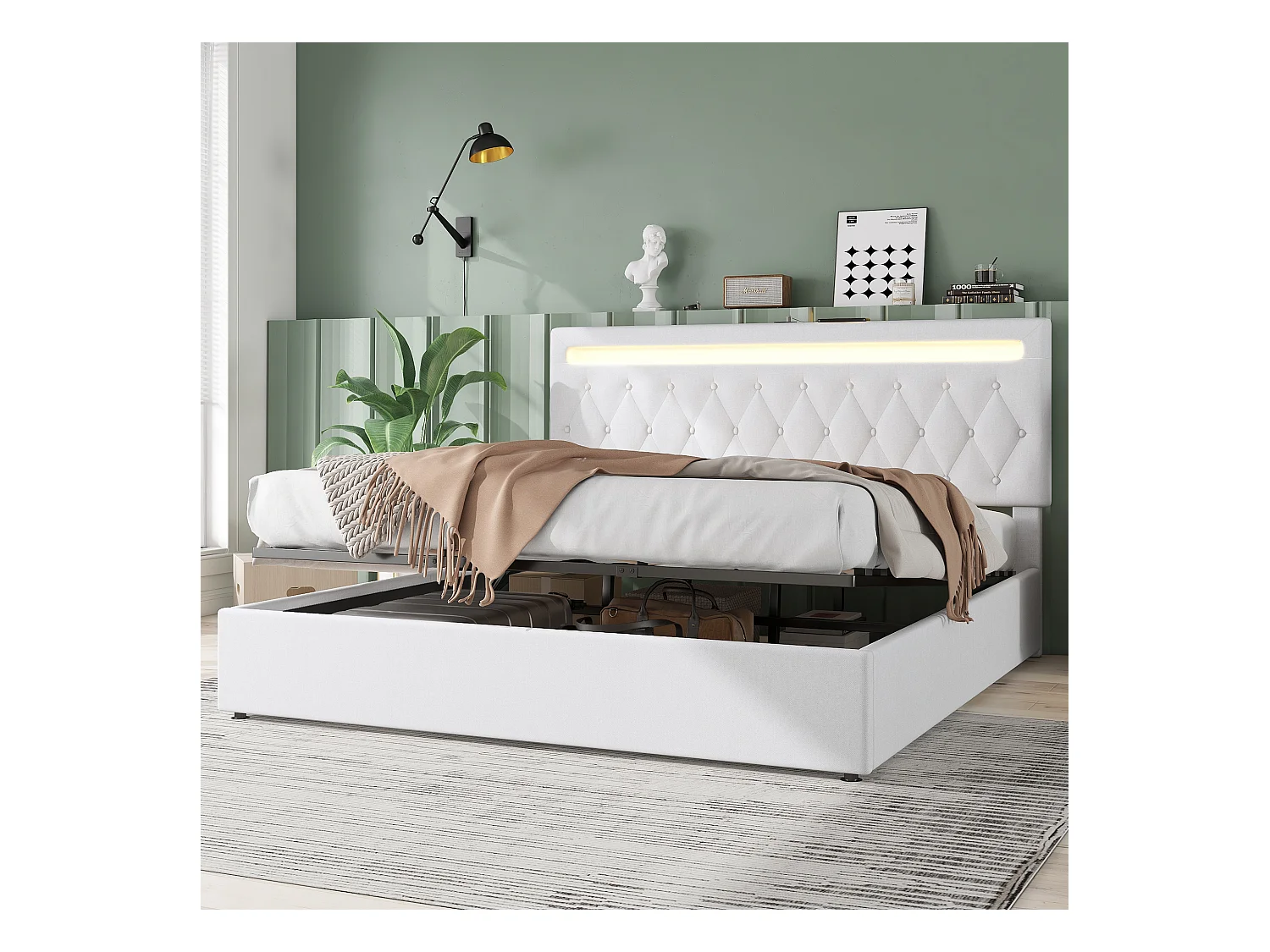 Lit coffre adulte 180x200 cm, avec LED et port USB, en lin blanc(sans matelas)