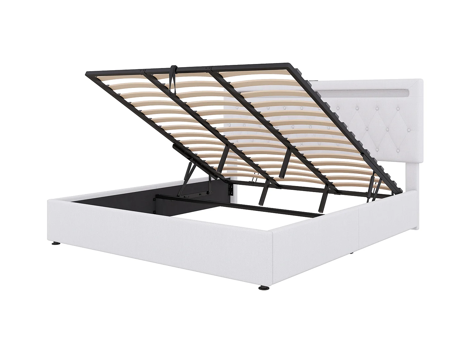 Lit coffre adulte 180x200 cm, avec LED et port USB, en lin blanc(sans matelas)