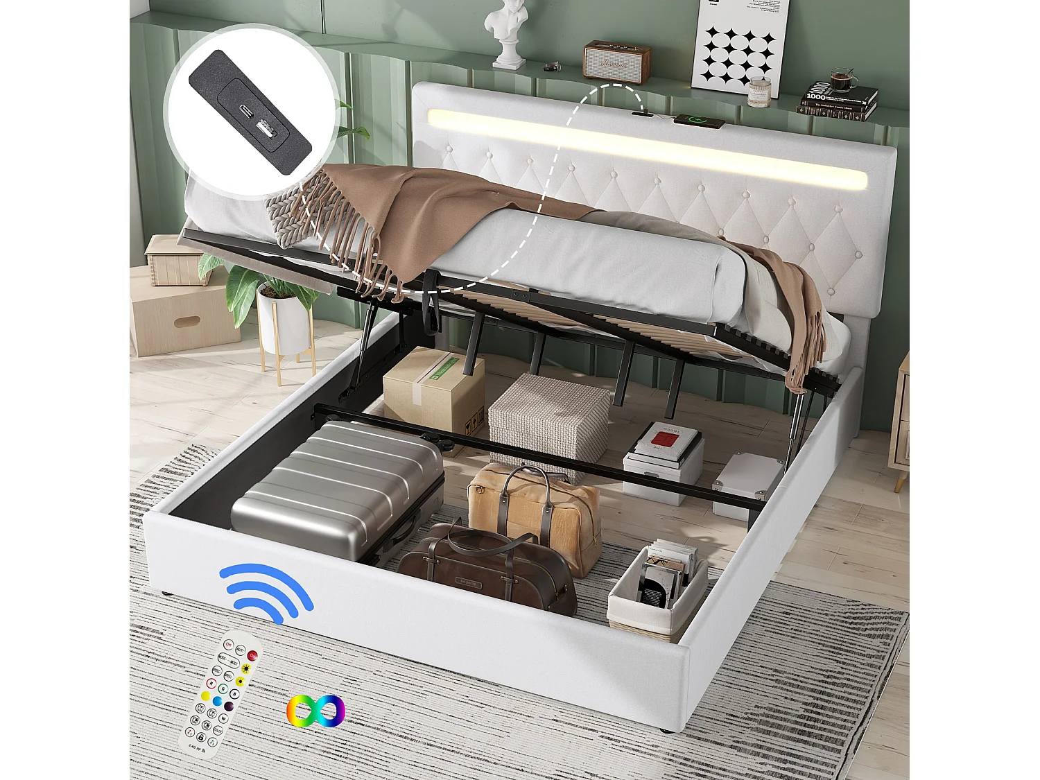 Lit coffre adulte 180x200 cm, avec LED et port USB, en lin blanc(sans matelas)