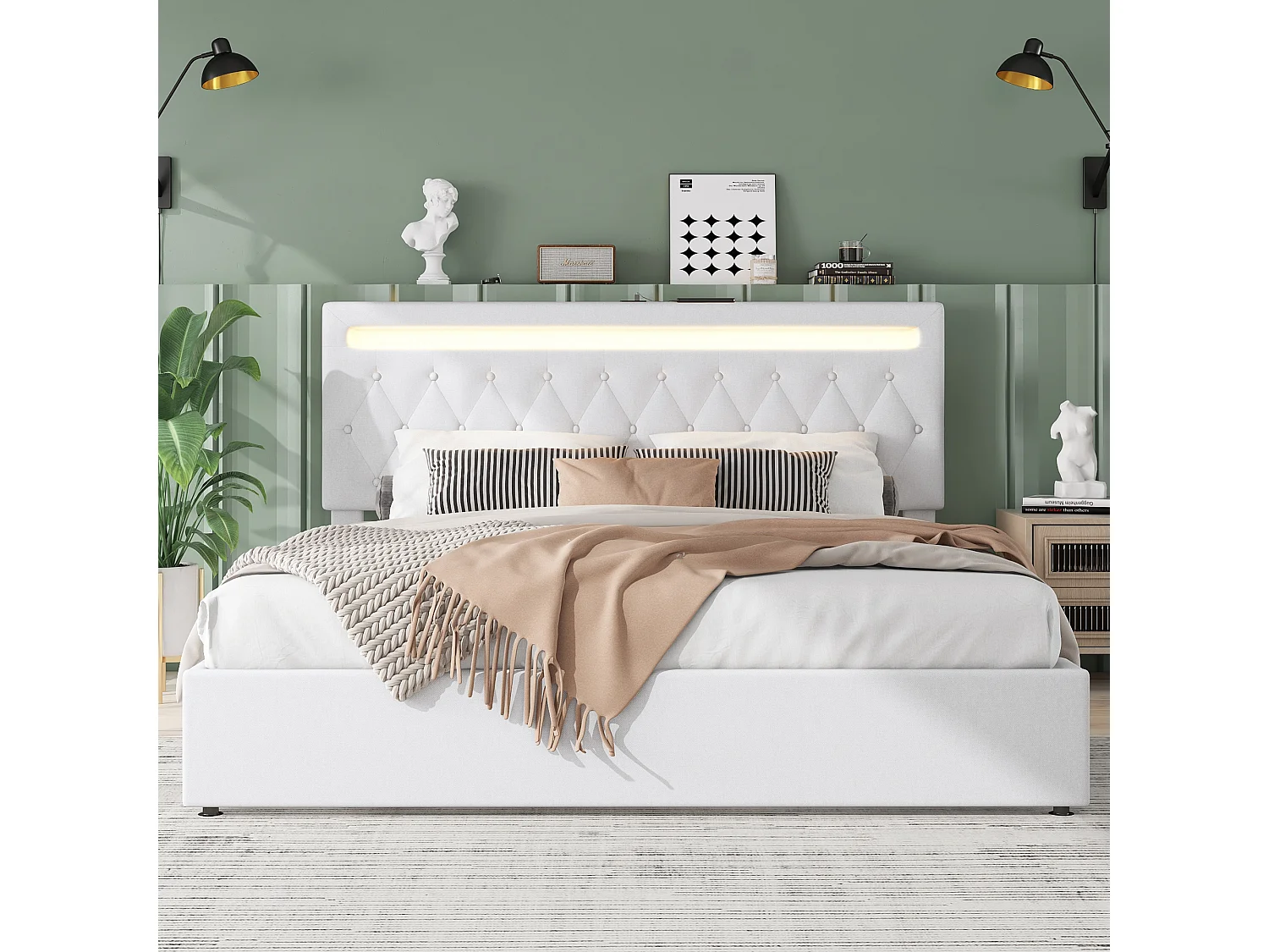 Lit coffre adulte 180x200 cm, avec LED et port USB, en lin blanc(sans matelas)